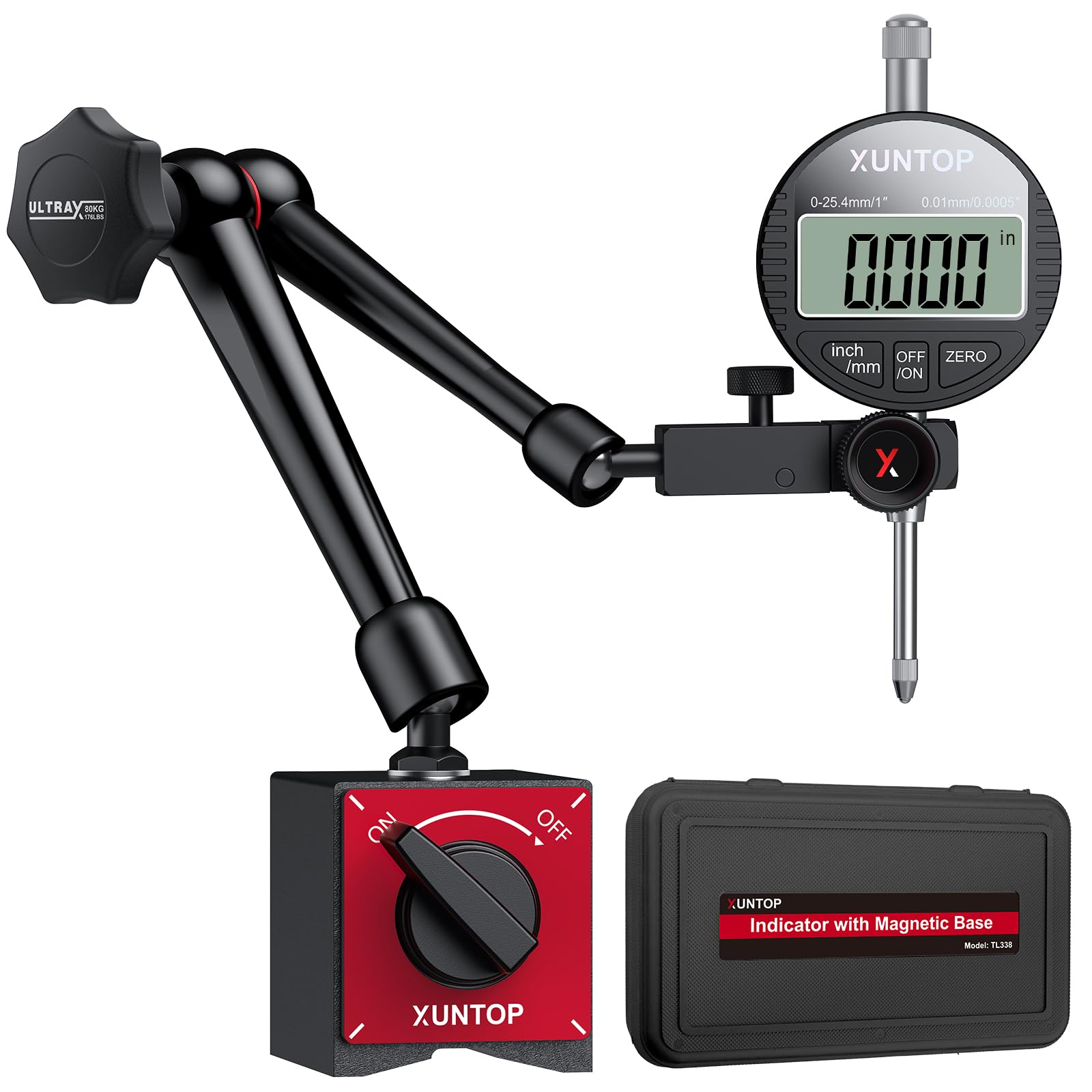 XUNTOP Comparatore digitale Comparatore Digitale Comparatore Quadrante Digital Dial Indicator - Base Magnetica 80KG Supporto Magnetico Braccio Articolato Flessibile Kit Comparatore Precisione 0.01mm