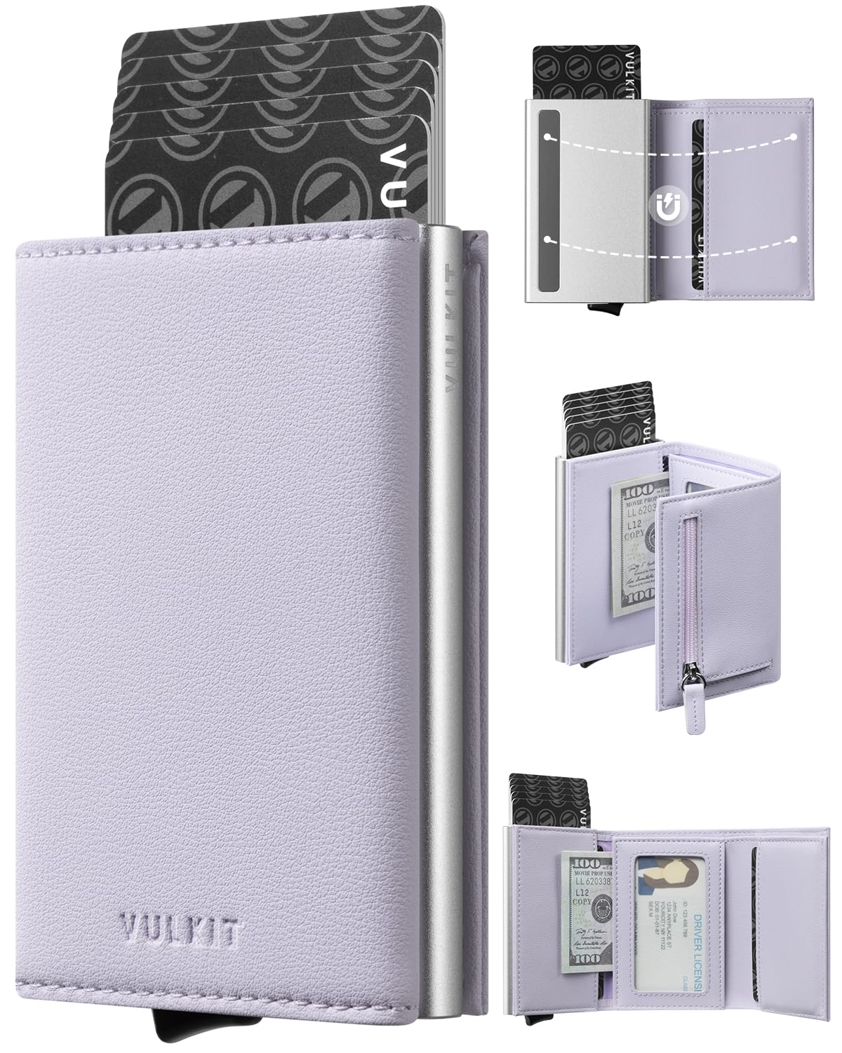 VULKIT Porta carte di credito da donna in pelle con blocco RFID, portafoglio da donna a due ante, automatico, con apertura a scomparsa e scomparto per banconote