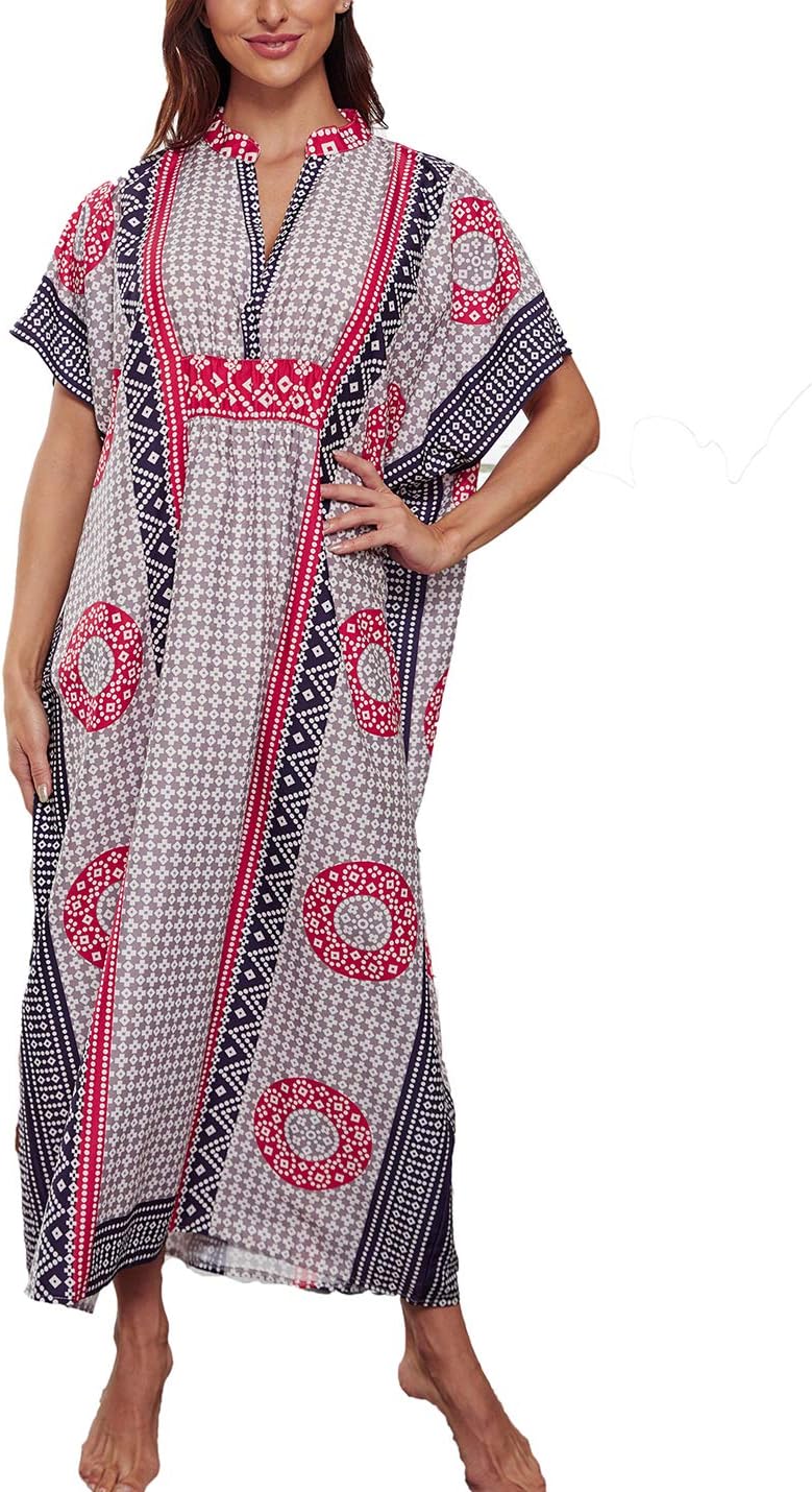 Ailunsnika V Neck Geometric Print Bikini Bathing Suit Cover Ups Swimwear Women Plus Size Turkish Caftan Dress Purple