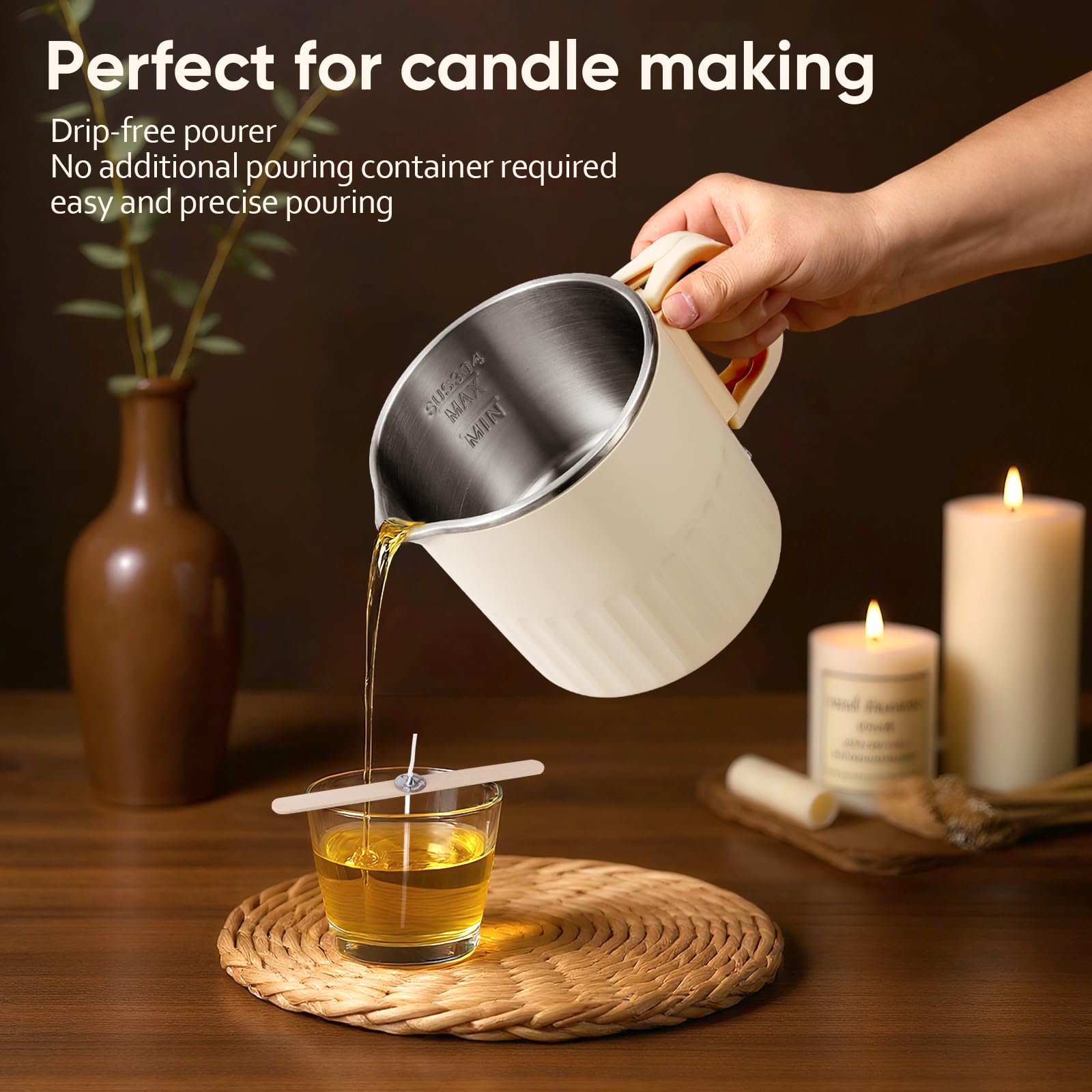 Nastopee Fundidor de cera para velas, 1 litro de olla eléctrica para fundir la cera con velas, juego para adultos, principiantes, con termómetro, mecha de vela, pegatina para mecha de vela, soporte
