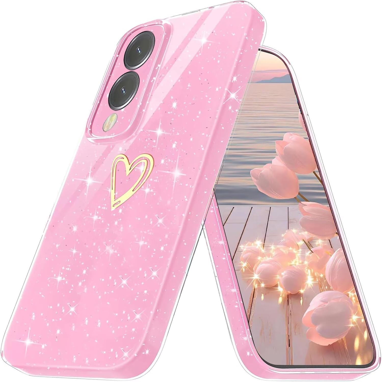 coque Samsung s25 Edge – ESONG Coque à paillettes pour Samsung Galaxy S25 Edge, motif cœur d&rsquo;amour pailleté, fine et brillante, mignonne pour femme, élégante, résistante aux chocs, en silicone souple, rose