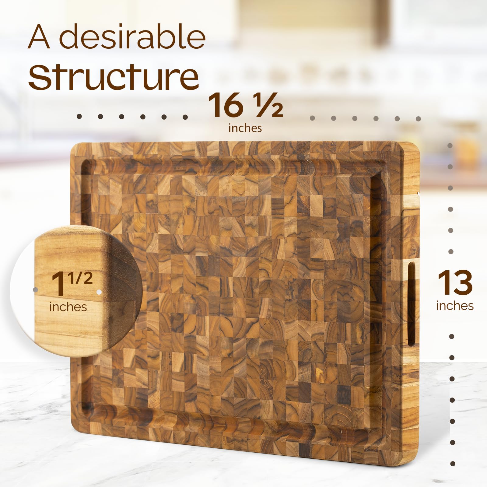 Planche à découper en teck à grain fin – 43,2 x 33 x 3,8 cm