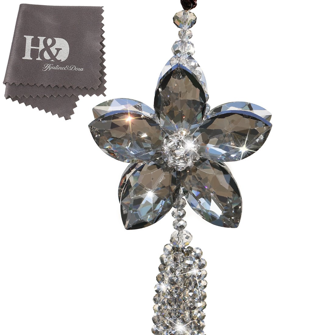 H&D Hyaline&Dora HYALINE & DORA Crystal Car Rear View Mirror Ornament Car Pendant Lucky Crystal Window Hanging Car Accessories Rainbow Maker Gray