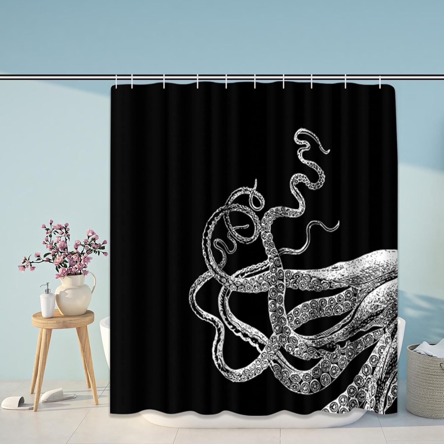 ArtSocket 4 Piece Get Naked Shower Curtain Sets White Octopus Tentacles Black Vintage Sea Ocean Kraken with Non-Slip Rug, Toilet Lid Cover, Bath Mat and 12 Hooks 72x72 inches
