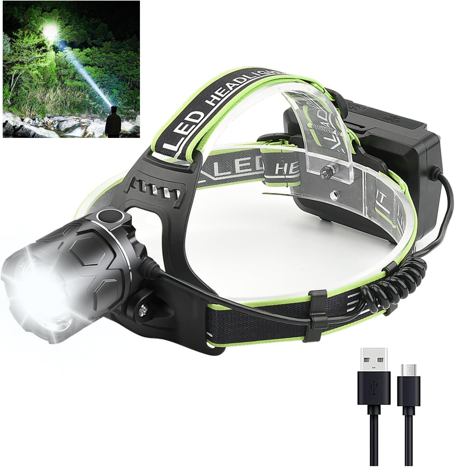 GRABOYY Green LED Headlamp Rechargeable 100000 Lumens Super Bright Hunting Headlamps Waterproof