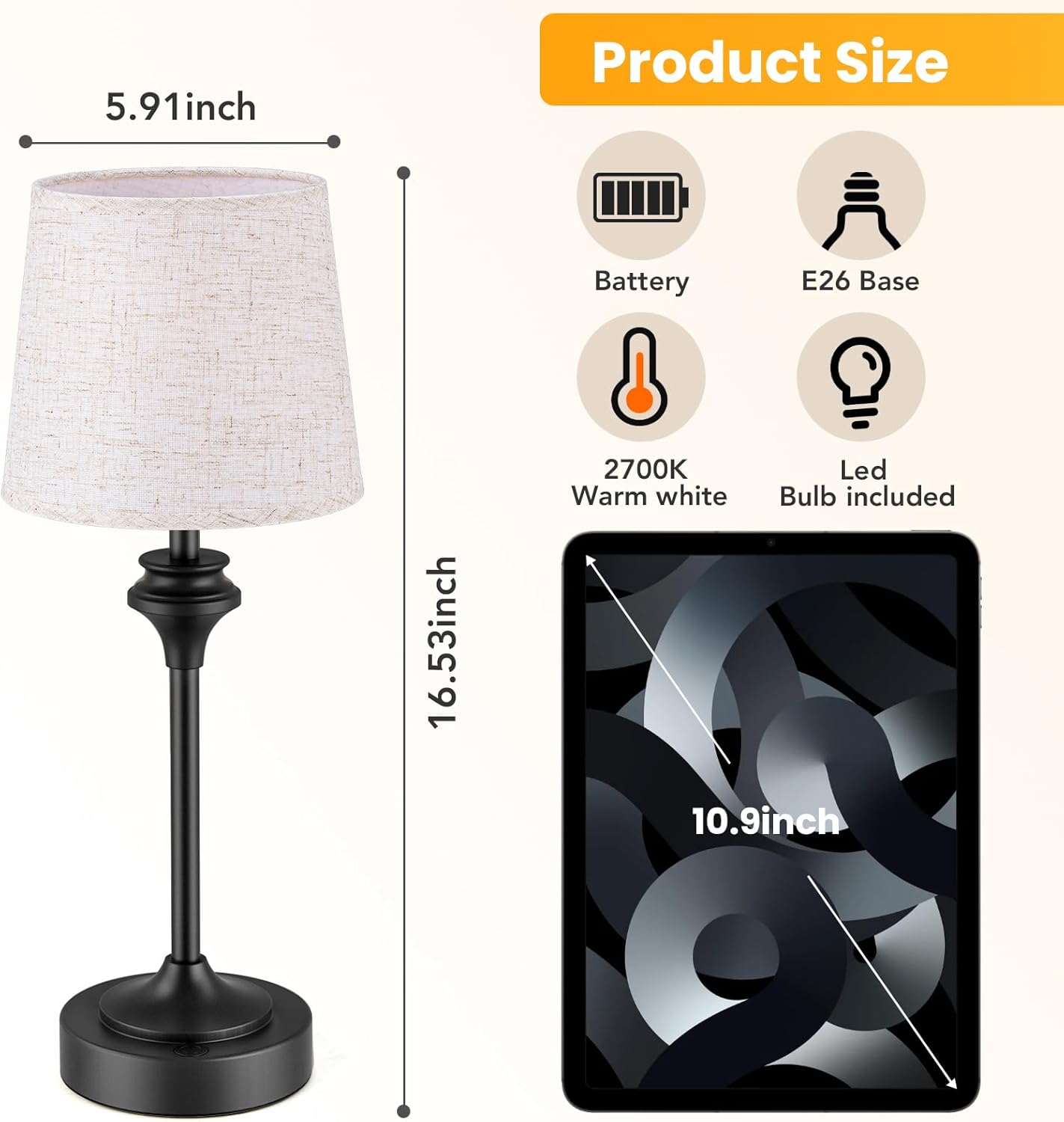 NIORSUN Portables Cordless Table Lamp,Flaxen Fabric Shade Battery Operated Lamp,5200mAh Bedside Table Lamp with Warm White,3 Way Dimmable Touch Desk Lamp for Living Room Bedroom Restaurant (Black)