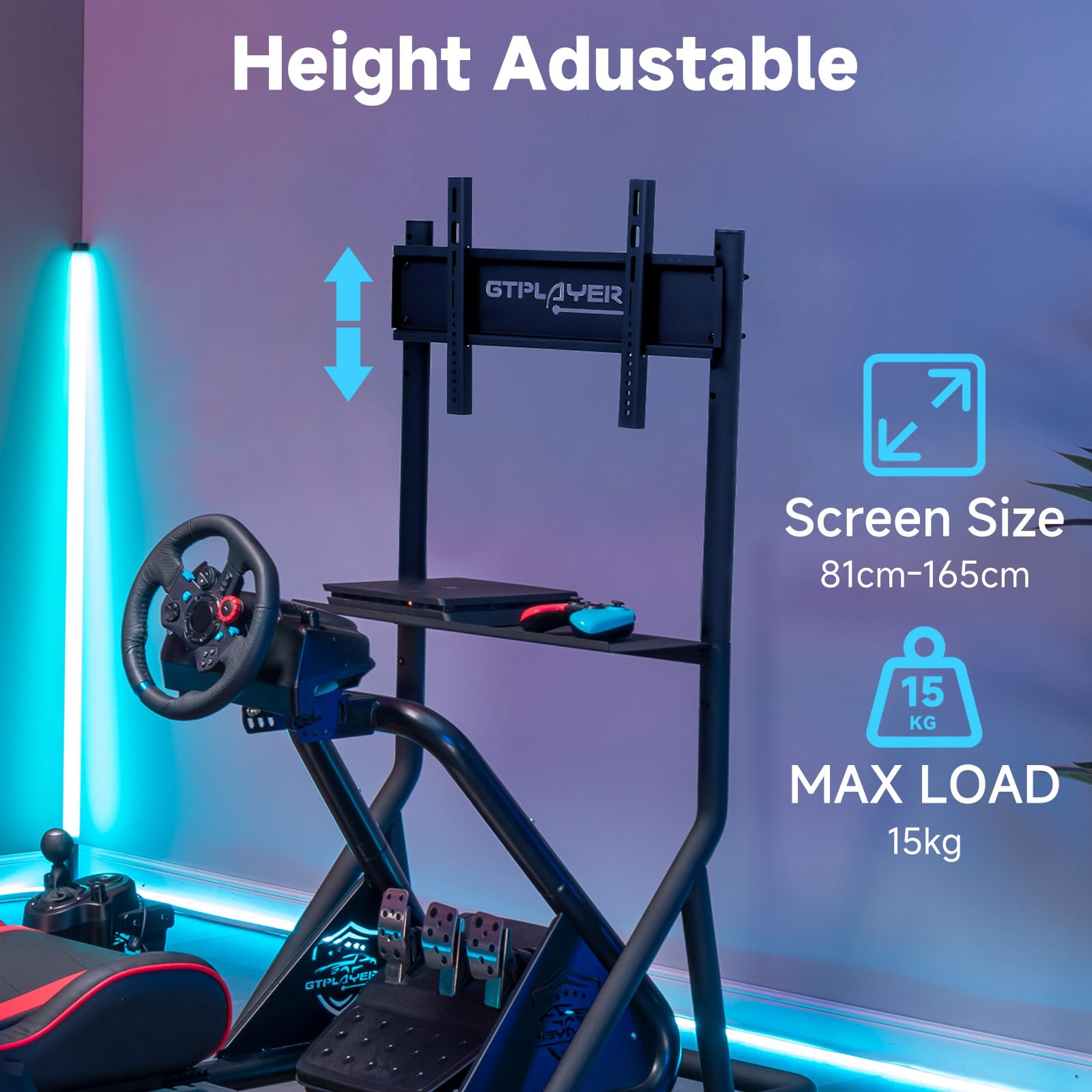 GTPLAYER Supporto per monitor da simulatore di guida , regolabile in altezza con ruote per TV e monitor da 32-65 pollici, supporto per monitor da simulatore di guida