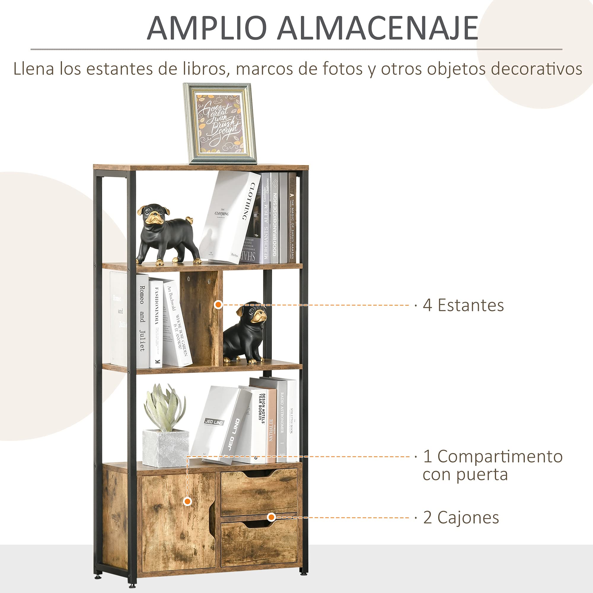 HOMCOM Librería, Estantería para Libros con 4 Estantes, 2 Cajones y Puerta, 58x24x122 cm, Estantería Industrial para Salón, Dormitorio, Estudio, Oficina, Marrón Rústico