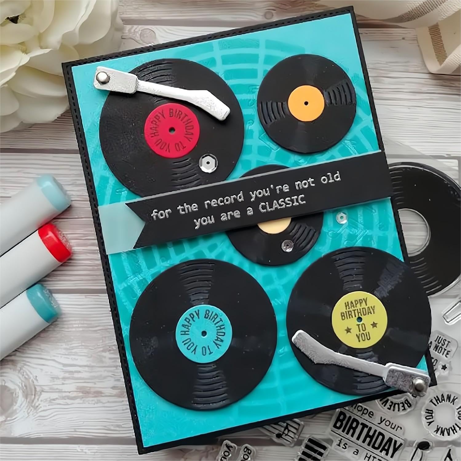 Music Phonograph Stamps and Dies Set for Card Making,Clear Stamps and Metal Cutting Dies Sets for Scrapbooking DIY Album Card Making Supplies