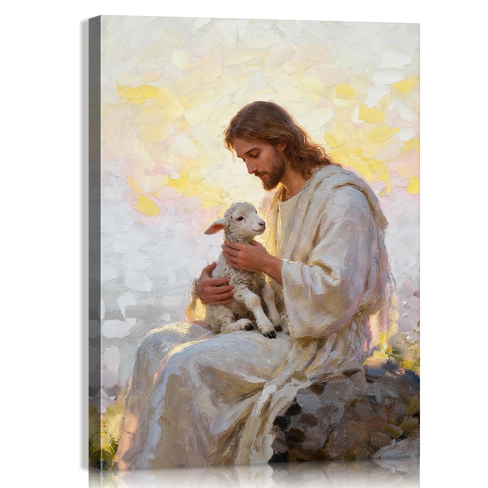 Mistyefly Jesus and Lamb Wall Art Christian Wall Art - Jesus Poster with Inner Wooden Frame, Lightweight &amp; Easy Hanging, Religious Decor for Dining Room &amp; Bedroom, 12x16 Inches