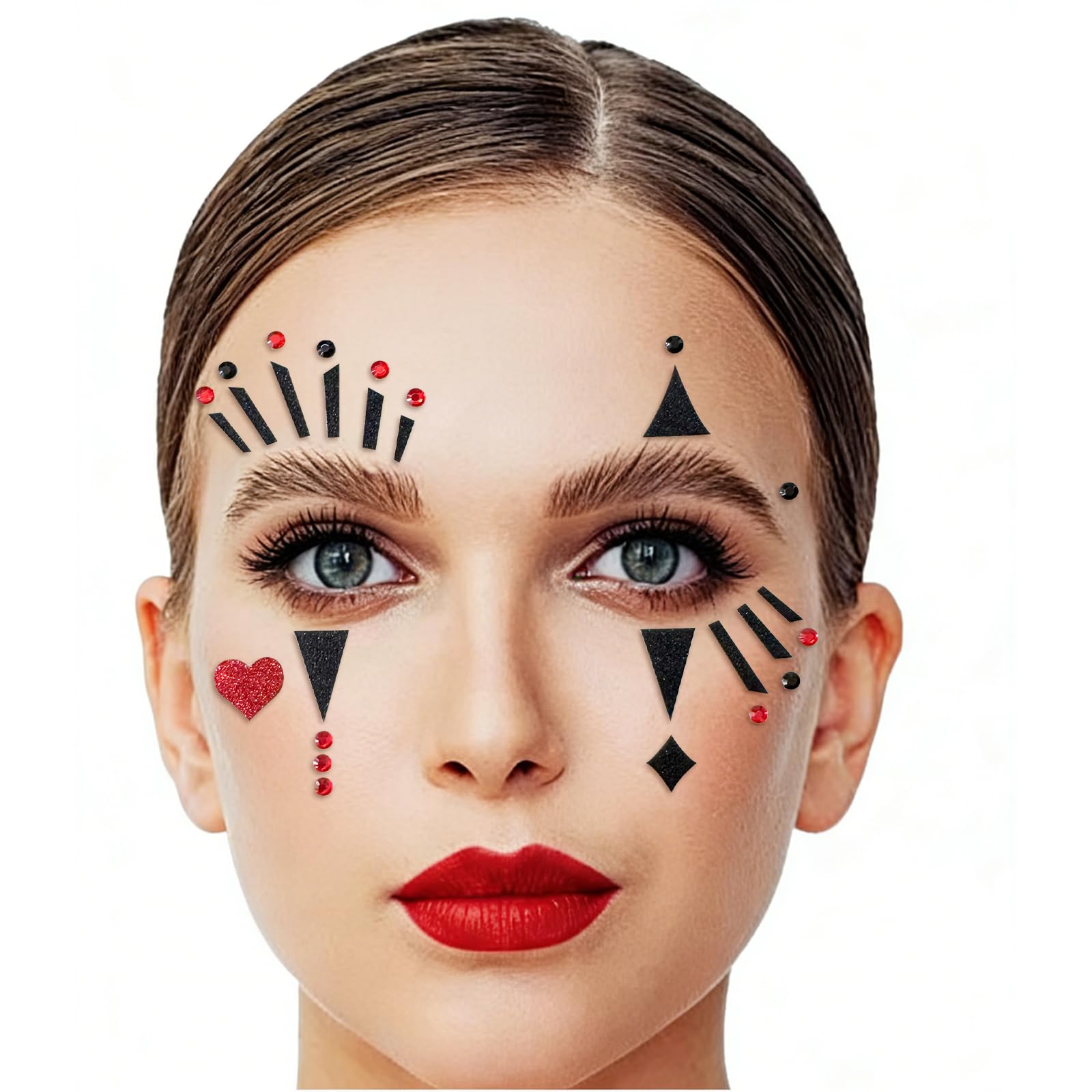 3Stück Gesichtstattoo, Clown Gesichtstattoo Karneval, Rot Weiss Herz Glitzersteine Tattoos für Karneval, Glitzernde Gesichtsaufkleber verleihen Ihnen einen unverwechselbaren Style
