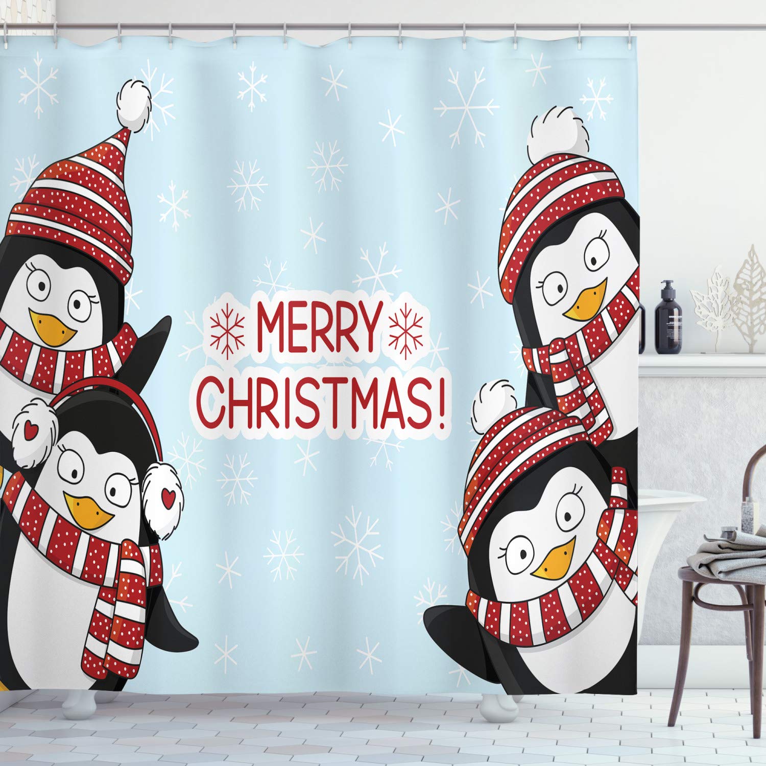 Ambesonne Christmas Shower Curtain, New Year Words Penguins with Hats and Scarf Snowflakes Theme, Cloth Fabric Bathroom Decor Set with Hooks, 69