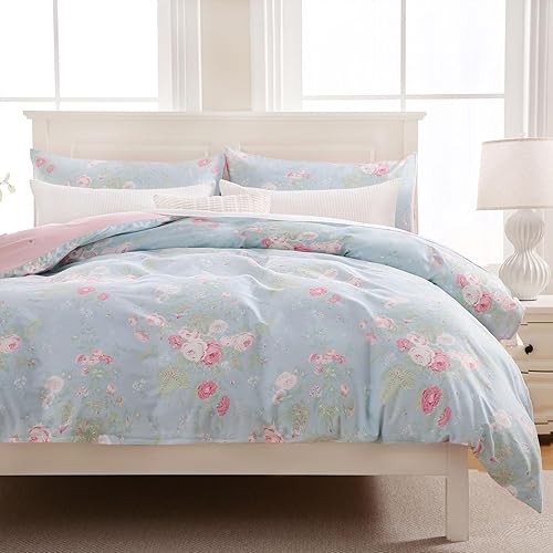 Zusbest - Juego de funda de edredón floral, tamaño Queen, 100% algodón, estilo coqueto, cottage core, shabby-chic, con cierre de cremallera, suave,