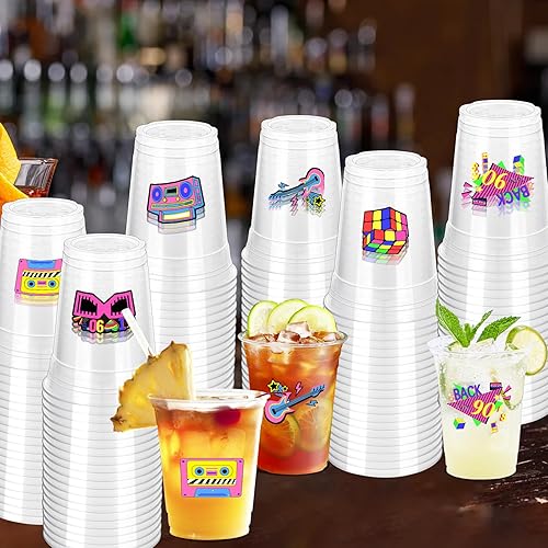 Miniatura 4 de 100 vasos de plástico desechables para fiestas de los 90 de 12 onzas de regreso a los 90, vasos transparentes desechables de disco de los 90,