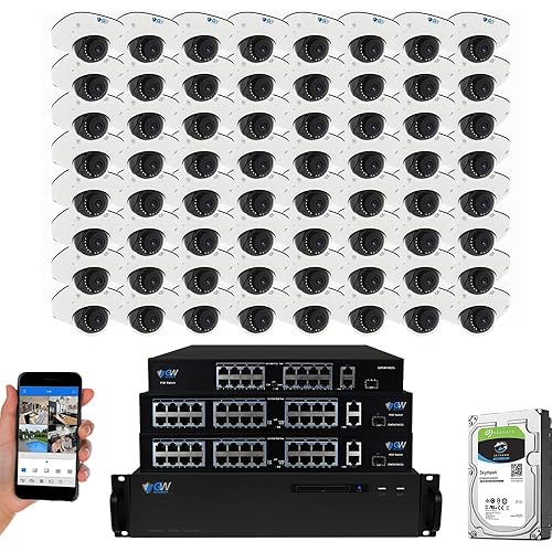 GW Security 64-Channel 4K NVR System with 64 x 4K (8MP) AI Dome Cameras, Face/Human/Vehicle Detection, 100ft Night Vision, Indoor/Outdoor Use, Wired, Compatible with Smartphones, Tablets, PCs