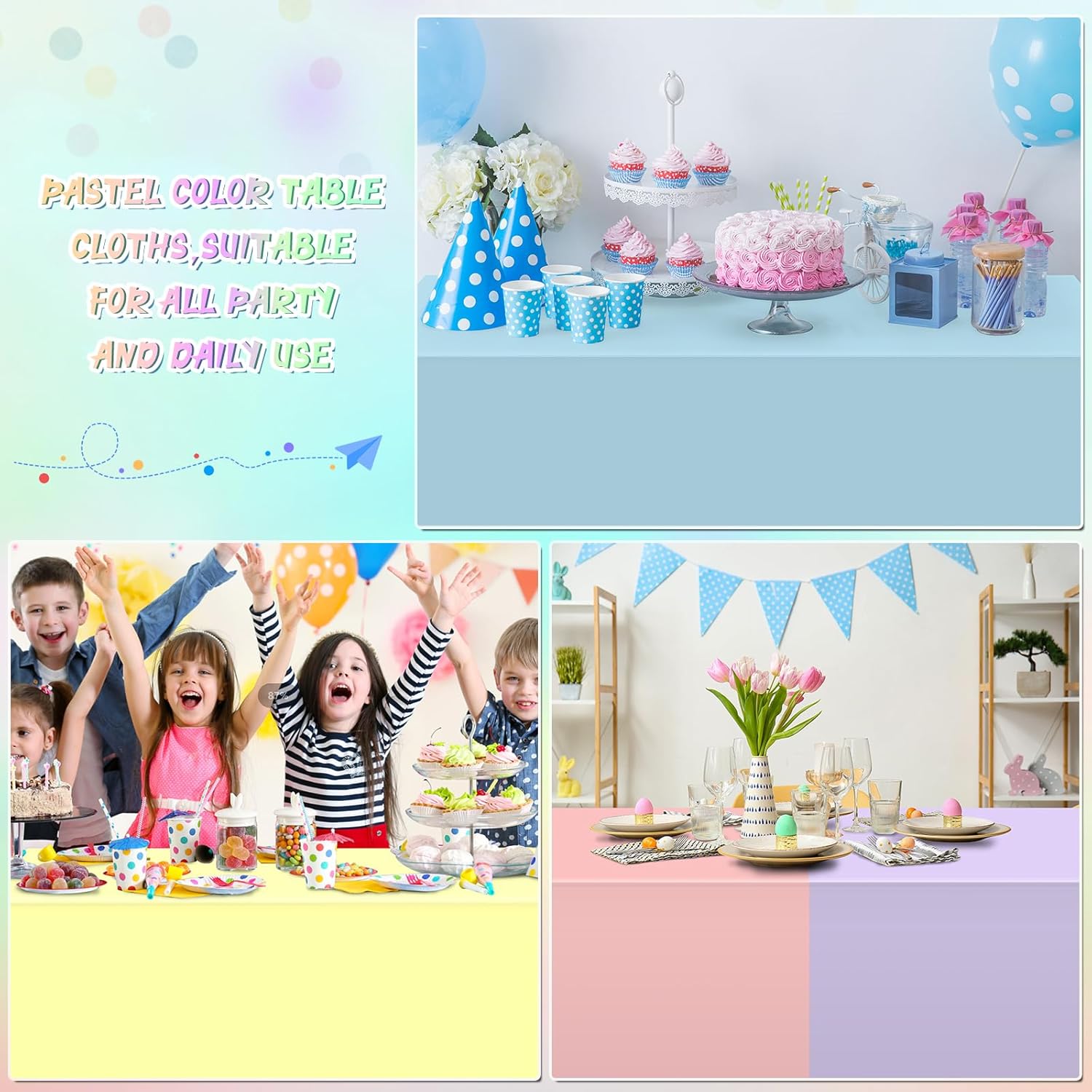 24Pcs Pastel Tablecloths, Rainbow Mix Color Plastic Tablecloth Disposable Rectangle Table Covers for Baby Shower,Bridal,Wedding, Easter,Birthday and Ice Cream Party Decoration, 54 x 108 Inch