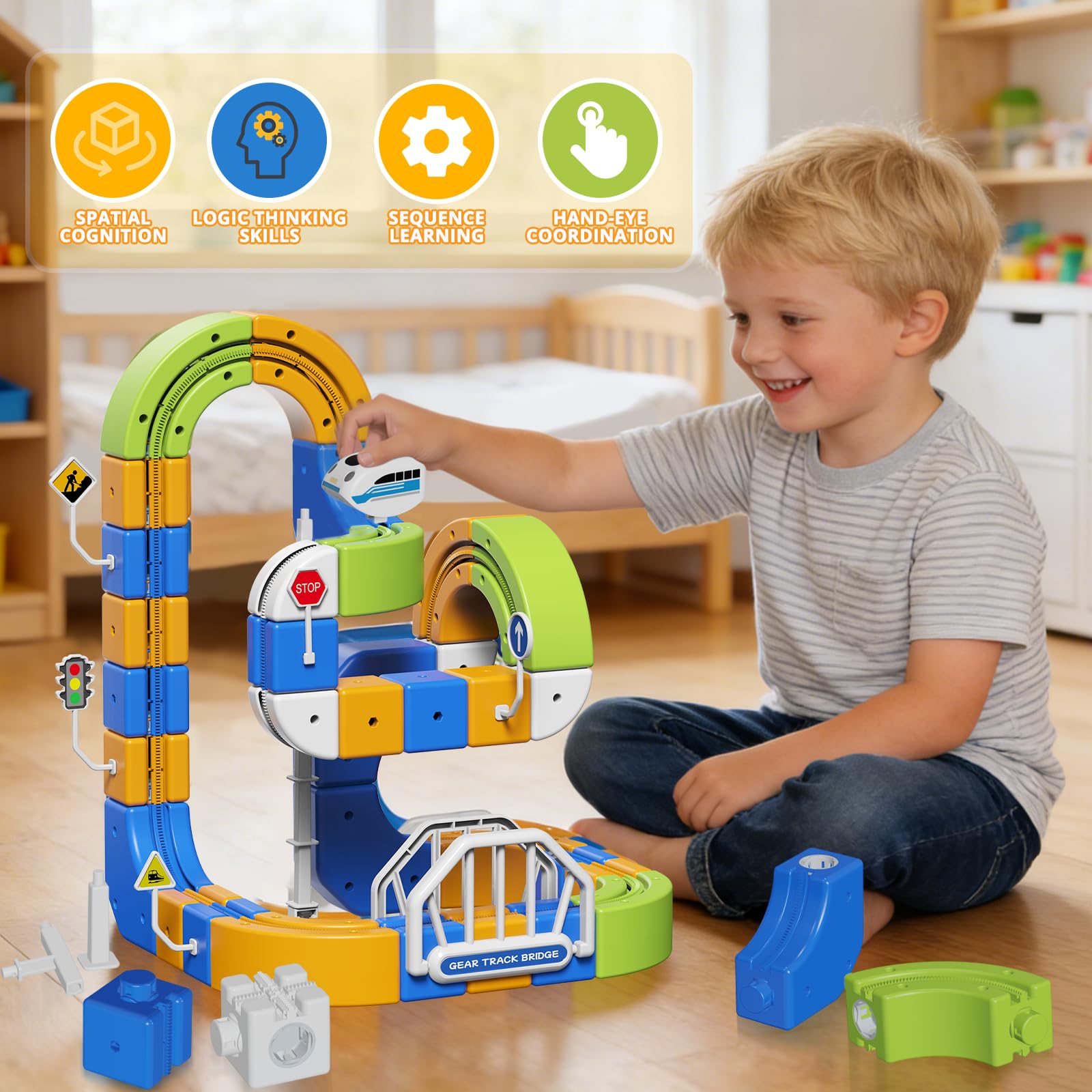 Tren Eléctrico Niños 225 Piezas (80 Vías + 2 Trenes) – Gran Pista Flexible 3D Antigravedad Circuito Tren Electrico, Juego de Construcción Stem DIY, Trenes Motorizados USB, Regalo 3-10 Años