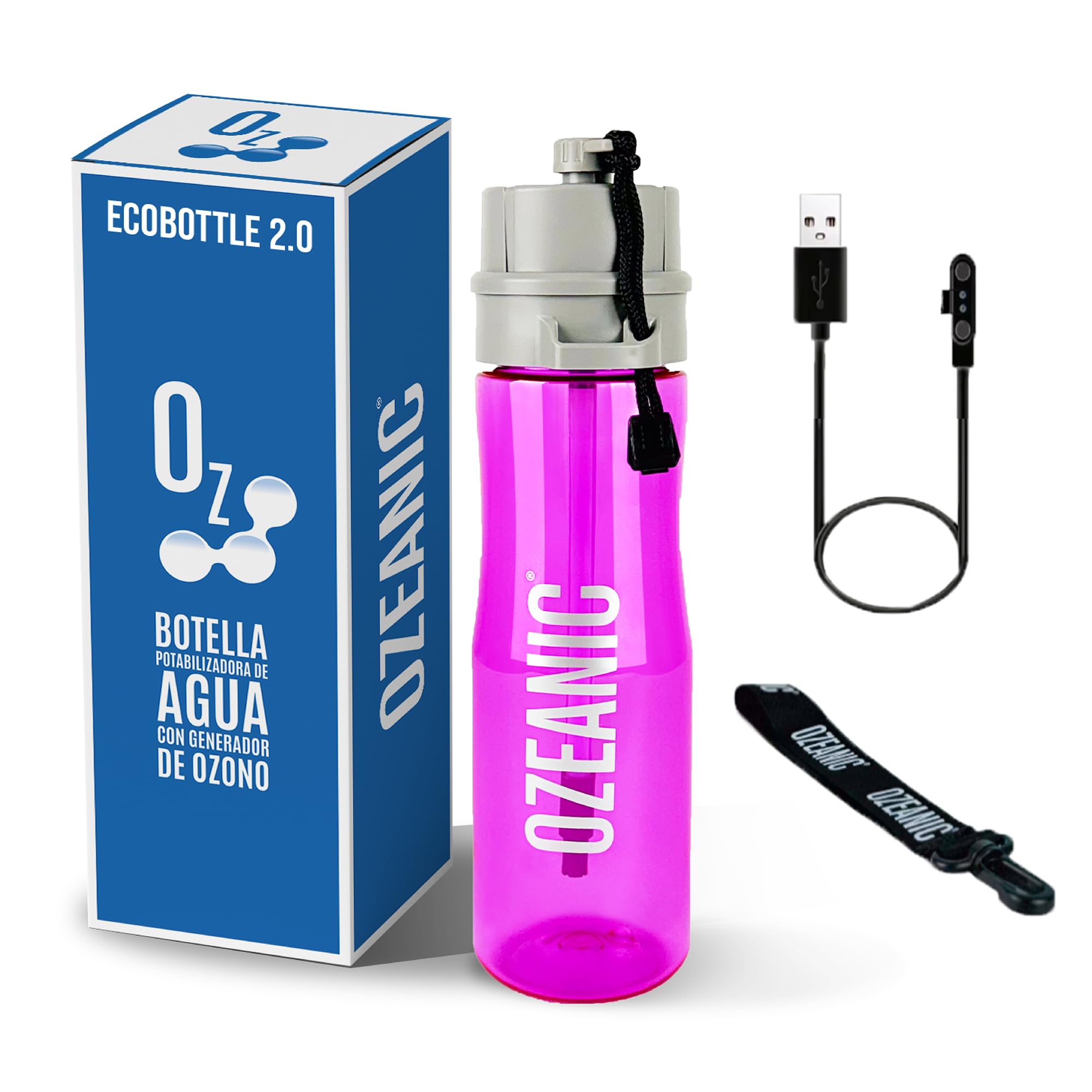 EcoBottle 2.0 750 ml Rosa – Botella Purificadora de Agua Reutilizable | Ozonizador de agua portátil | Elimina virus y bacterias | Sin filtros