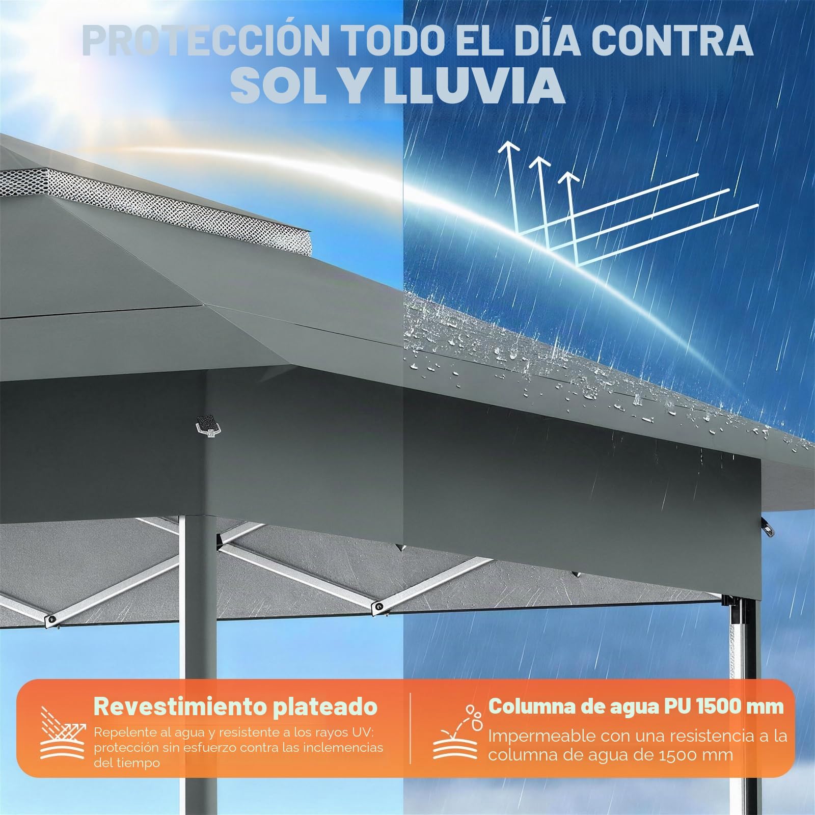 Huracan Pabellón de jardín Plegable 3,6 x 3,6m, Carpa Impermeable, Gazebo con 4 mosquiteras Laterales y Sacos de Arena, Regulable en Altura, Carpa de jardín con Techo Doble, Antracita