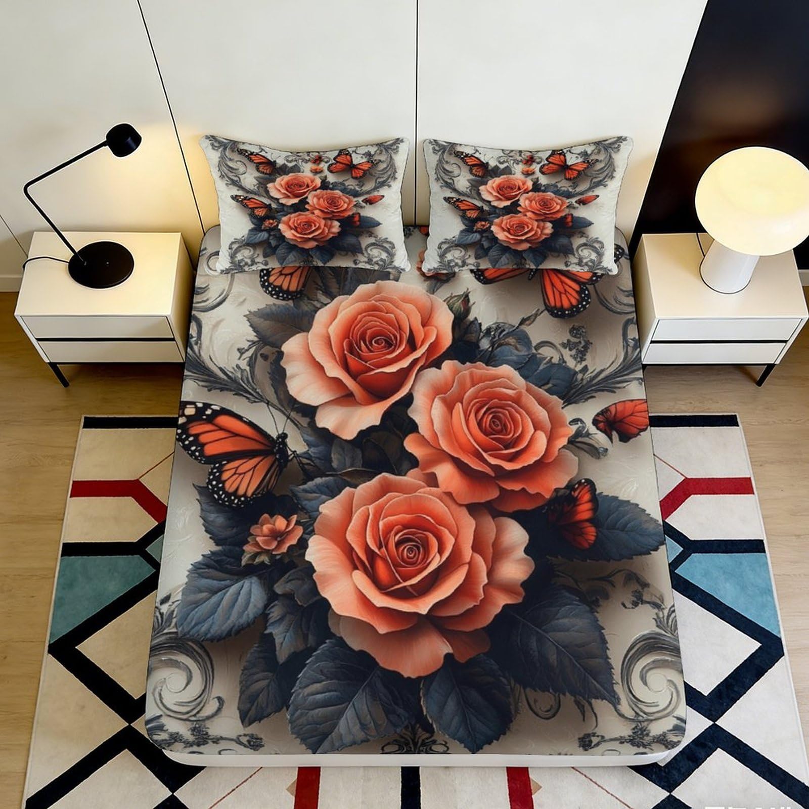 Decorative 3D Printed Fitted Sheet Rose Floral Microfiber Soft Touch, Bed Sheet for Bedroom Guest Room, Apartment Bedding, Easy Care, Wrinkle Resistant, Dustproof, 115 90x200x25cm