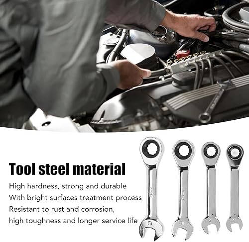 Miniatura 3 de Juego de llaves de trinquete, 4 piezas, 72 dientes, 0.315 in, 0.354 in, 0.433 in, 0.472 in, llave combinada profesional de trinquete de mango corto