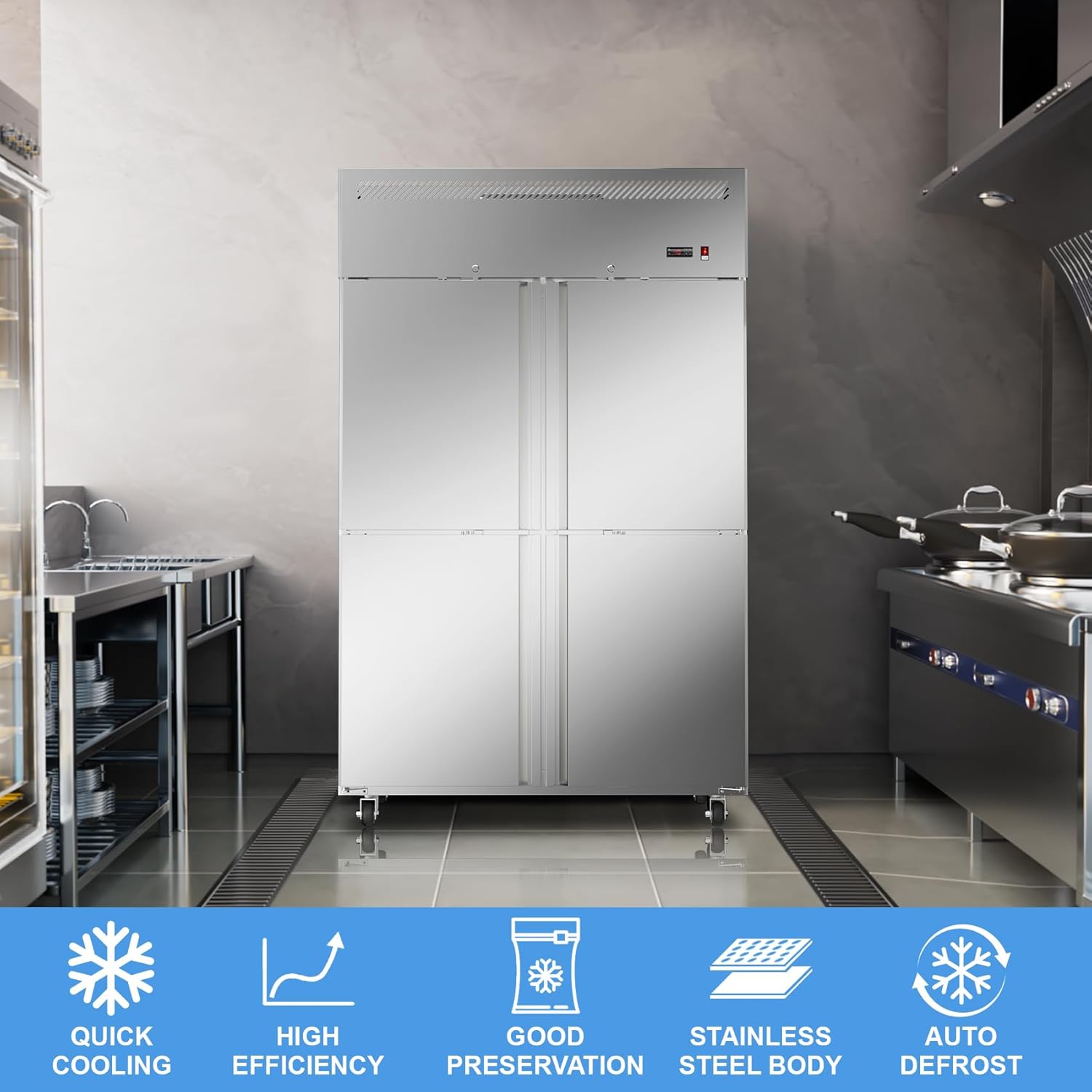 48" W 4 Door Commercial Freezer Stainless Steel 36 Cu.ft Freezer for Restaurant, Bar, Shop etc