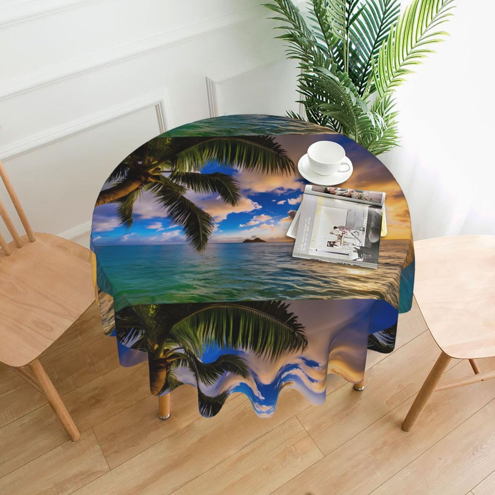 Hjfczh Black Tropical Hawaii Palm Tree Ocean Sea Sunset Prints Round Table Throw 60 Inch - Waterproof Table Cover - Soft & Wrinkle Resistant Decor Layer For Dinners, Parties & Everyday Use