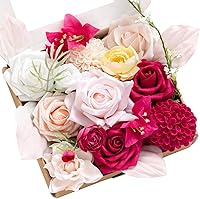 Vista 8 de Ling's Moment Caja de flores falsas, tallos de vegetación artificiales artificiales, rosas de espuma, orquídea de seda, flor fábica para centros