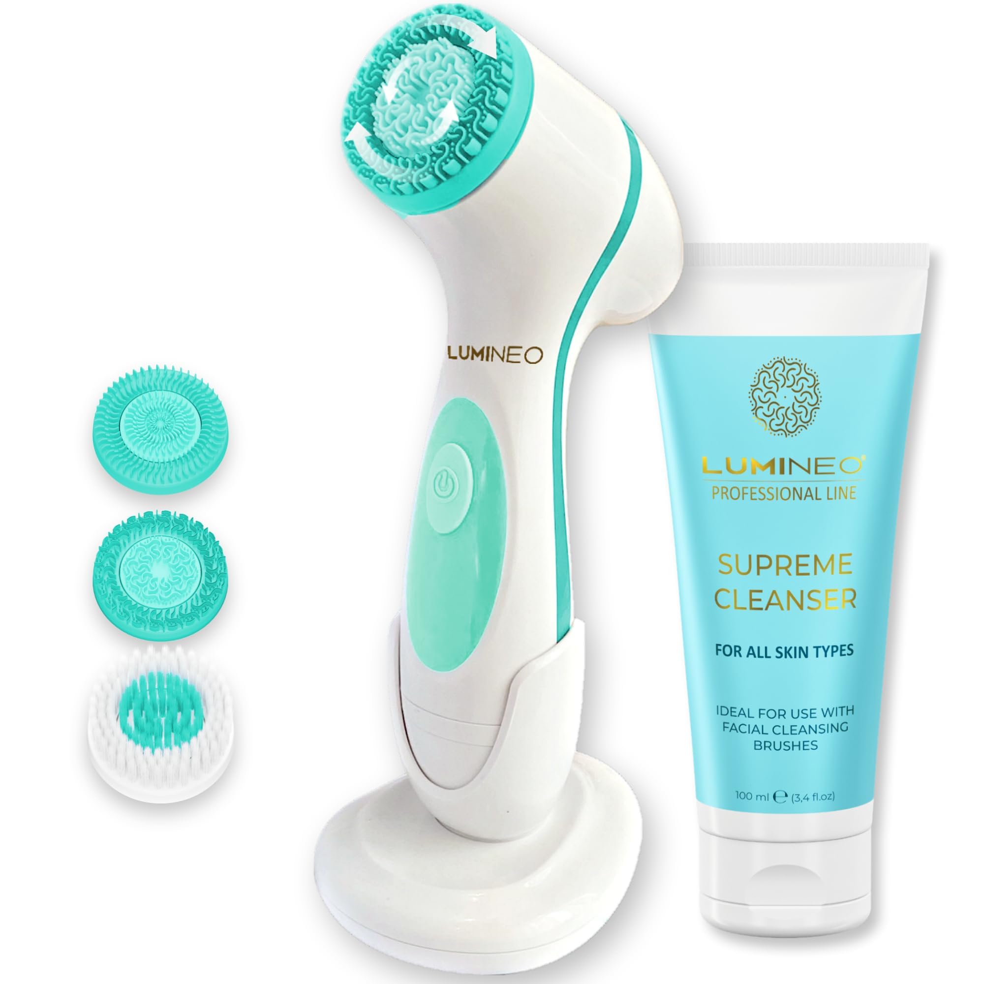 LUMINEO Brosse Électrique + Gel – Brosse Visage Anti-Points Noirs & Pores, Appareil de Nettoyage Rechargeable USB pour Nettoyage en Profondeur Doux et Peeling (Turquoise/Peau Normale)
