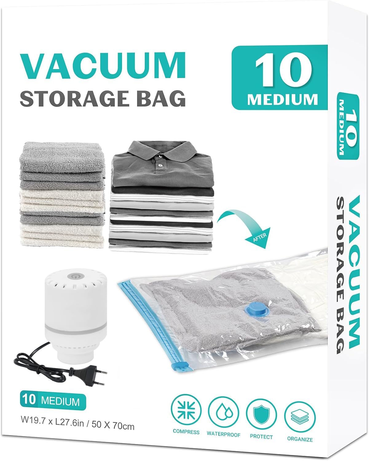 10 Pack Medium Space Saver Vacuum Storage Bags Compression Seal Bags for Travel Clothing Luggage Blankets Comforters with Electric Pump (10 Medium Bag With Electric Pump)