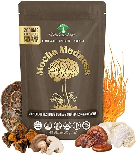 Mezcla de café de hongos adaptogénicos 7 en 1  2800 mg de melena de león, cordyceps, chaga, cola de pavo y más  alternativa de café baja en cafeína,