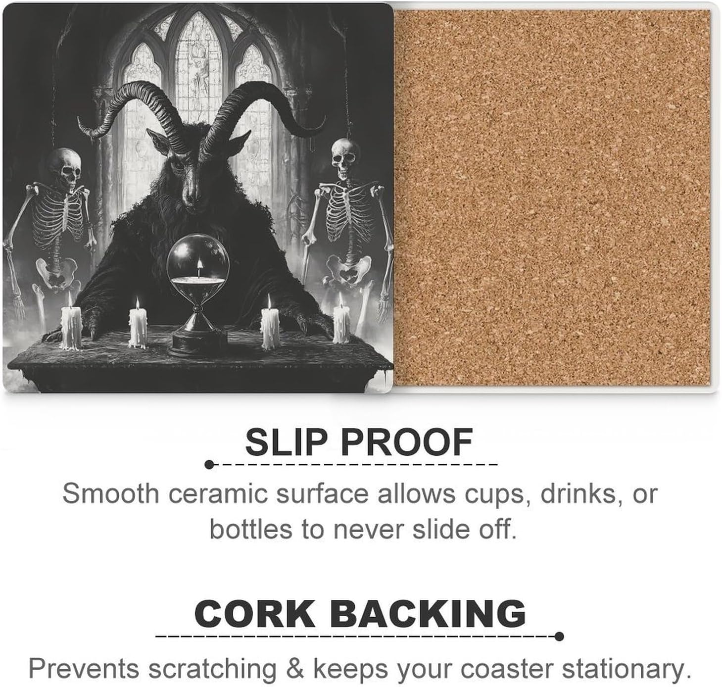 Baphomet Satan Goat Coasters for Drinks Square Table Coasters Set Cup Mats with Cork Base