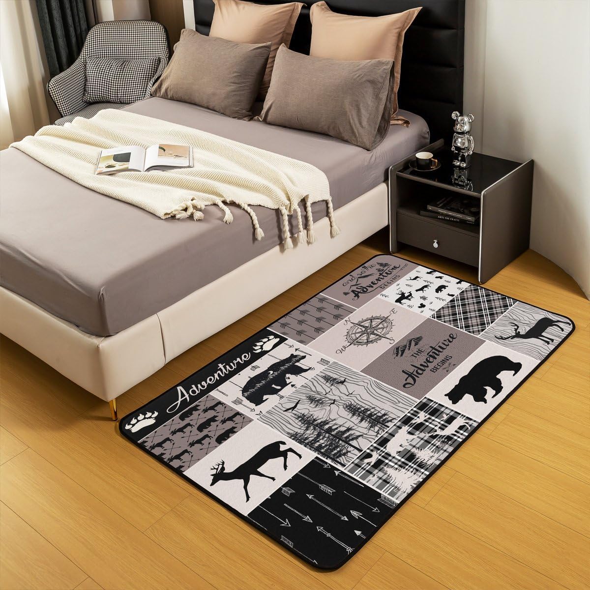 Erosebridal Bear Deer Area Rug Rustic Farmhouse Patchwork Decorative Carpet 5X7 Vintage Cabin Lodge Indoor Floor Mat Woodland Animal Living Room Rugs Plaid Country Decor