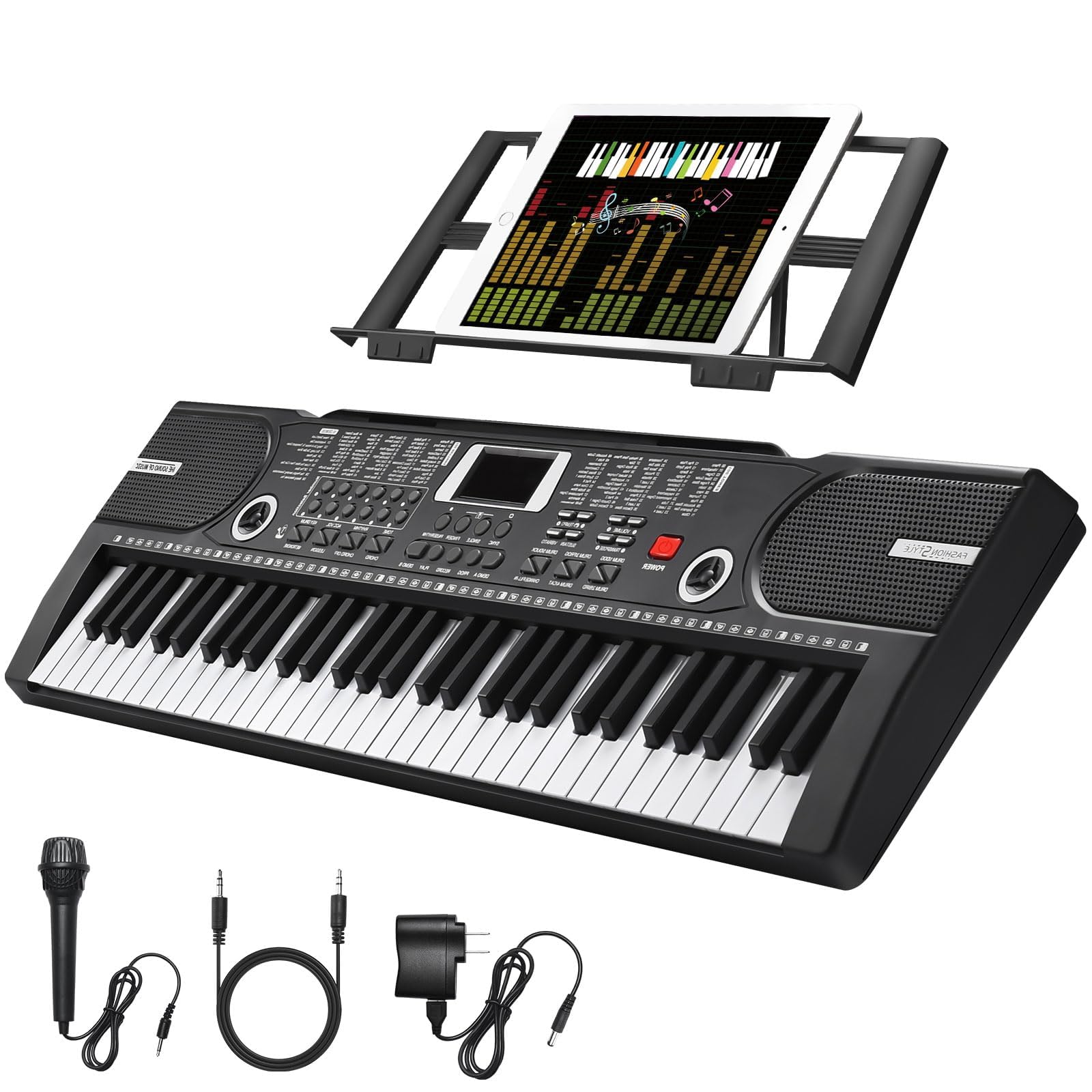 61 Key Keyboard Piano, Portable Electronic Keyboard Piano for Beginners with Speakers, Microphone, Sheet Music Stand, 100 Voices, 100 Rhythms, Digital Music Keyboard Built-In Speakers - Black