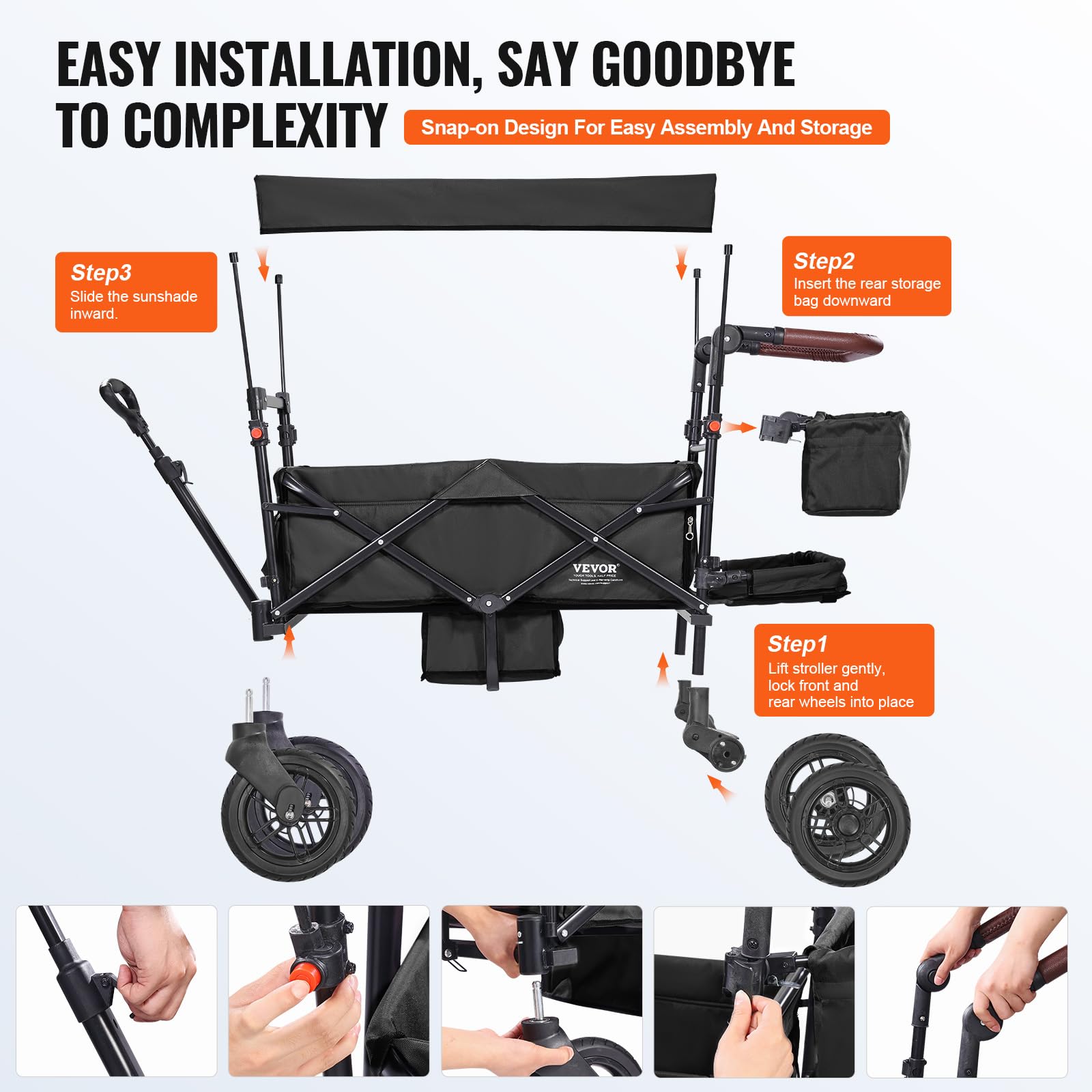VEVOR Passeggino Wagon per 2 Bambini Pieghevole con Maniglia Regolabile, Tettuccio Rimovibile, Imbracatura Circolare, 4 Ruote con Freni, Multifunzione per Campeggio, Nero