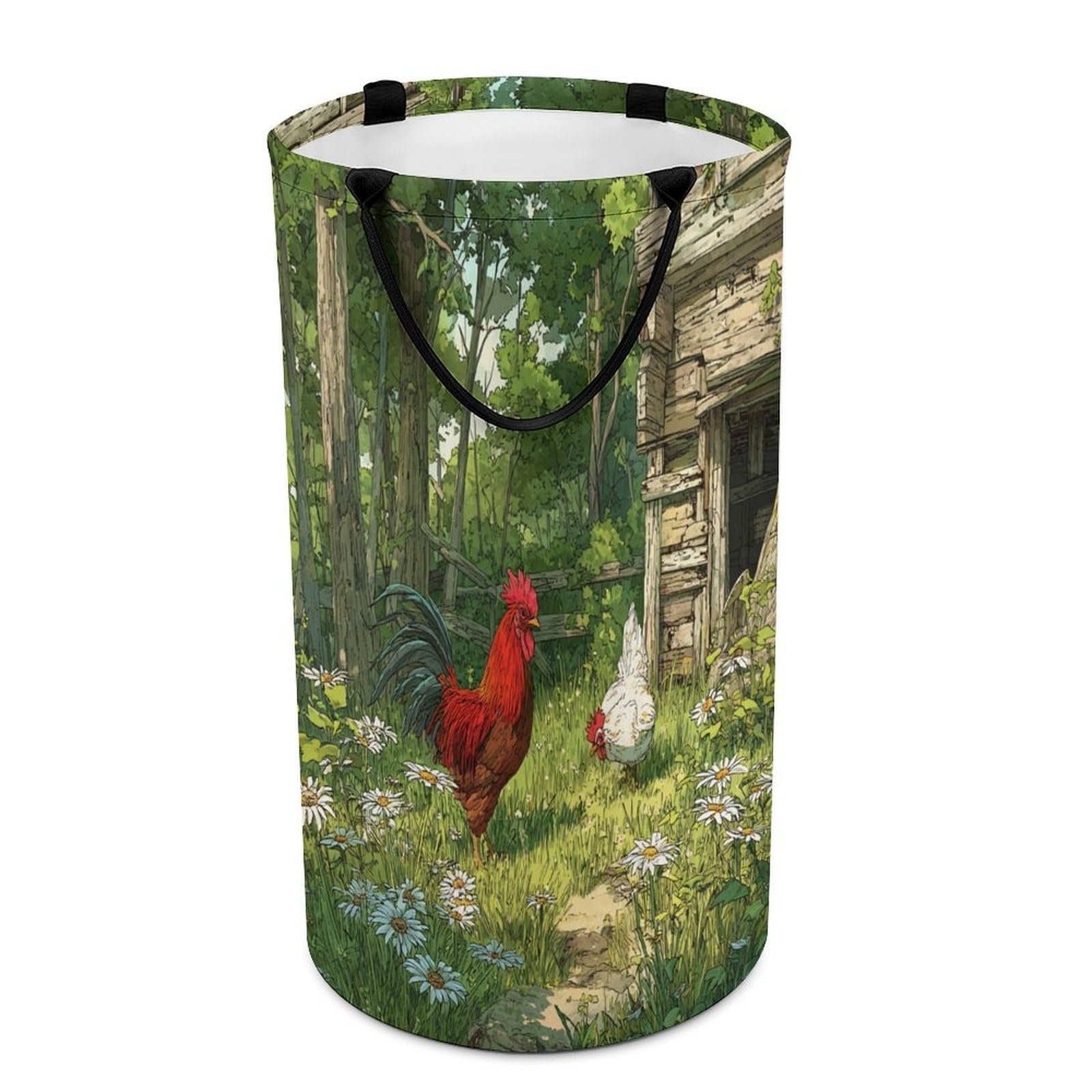LUYYSKY Vintage Colorful Chicken Rooster Collapsible Dirty Clothes Basket, Modern Art Spring Farmhouse Barn Farm Animals Portable Clothes Storage Basket
