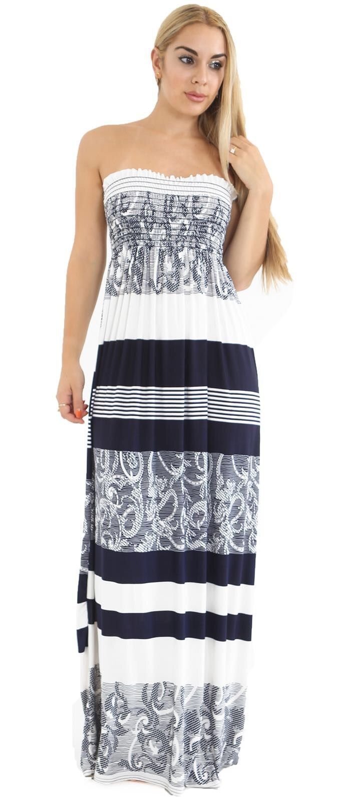 GirlzWalk Women's Strapless Maxi Dress Ladies Sheering Boob Tube Bandeau Printed Long Dress (Navy Abstract, XXXL 24-26)