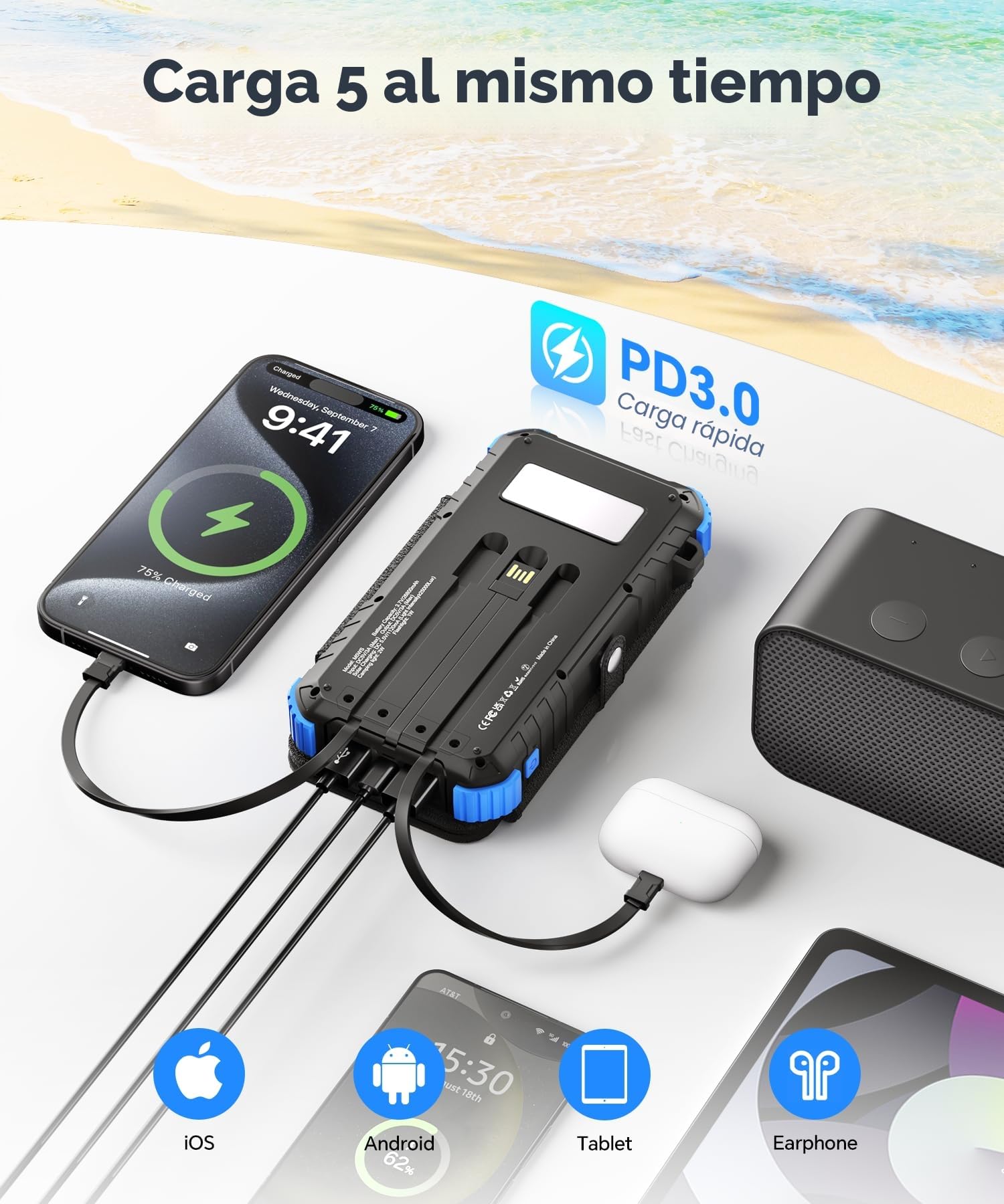 Cargador Solar de 26800mAh con 4 Paneles Solares, USB C 15 W Carga Rápida, 5 Salidas y 3 Cables, Power Bank Solar para Exteriores con Mosquetón y Linternas para Camping, Teléfonos y Tabletas