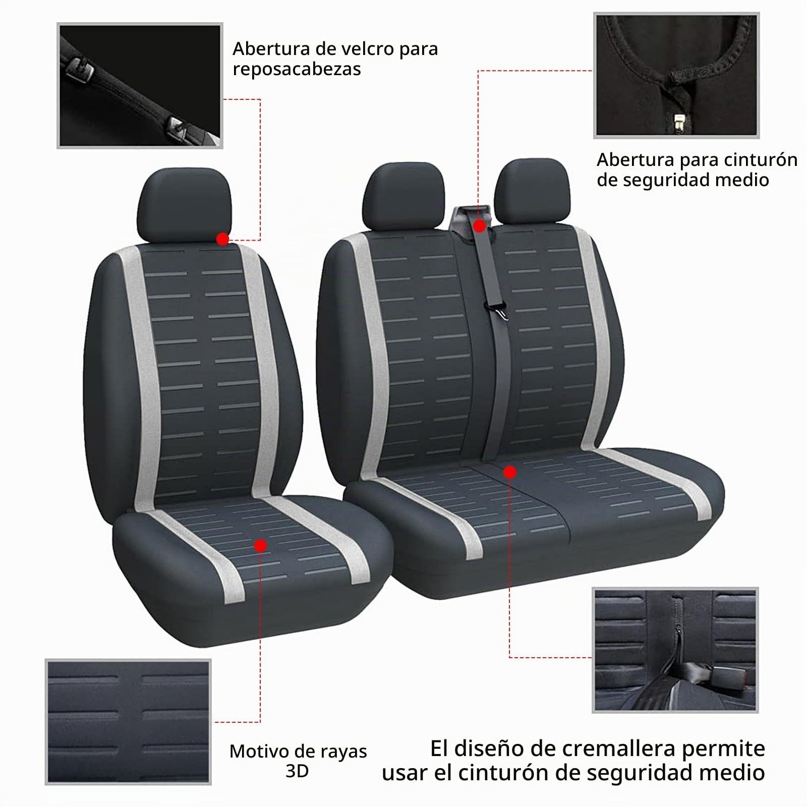 TOYOUN Fundas para Asientos de Furgonetas y Camiones de 1 + 2 (3 plazas), Protector Universales para Asientos Delantero de Coche, Gris
