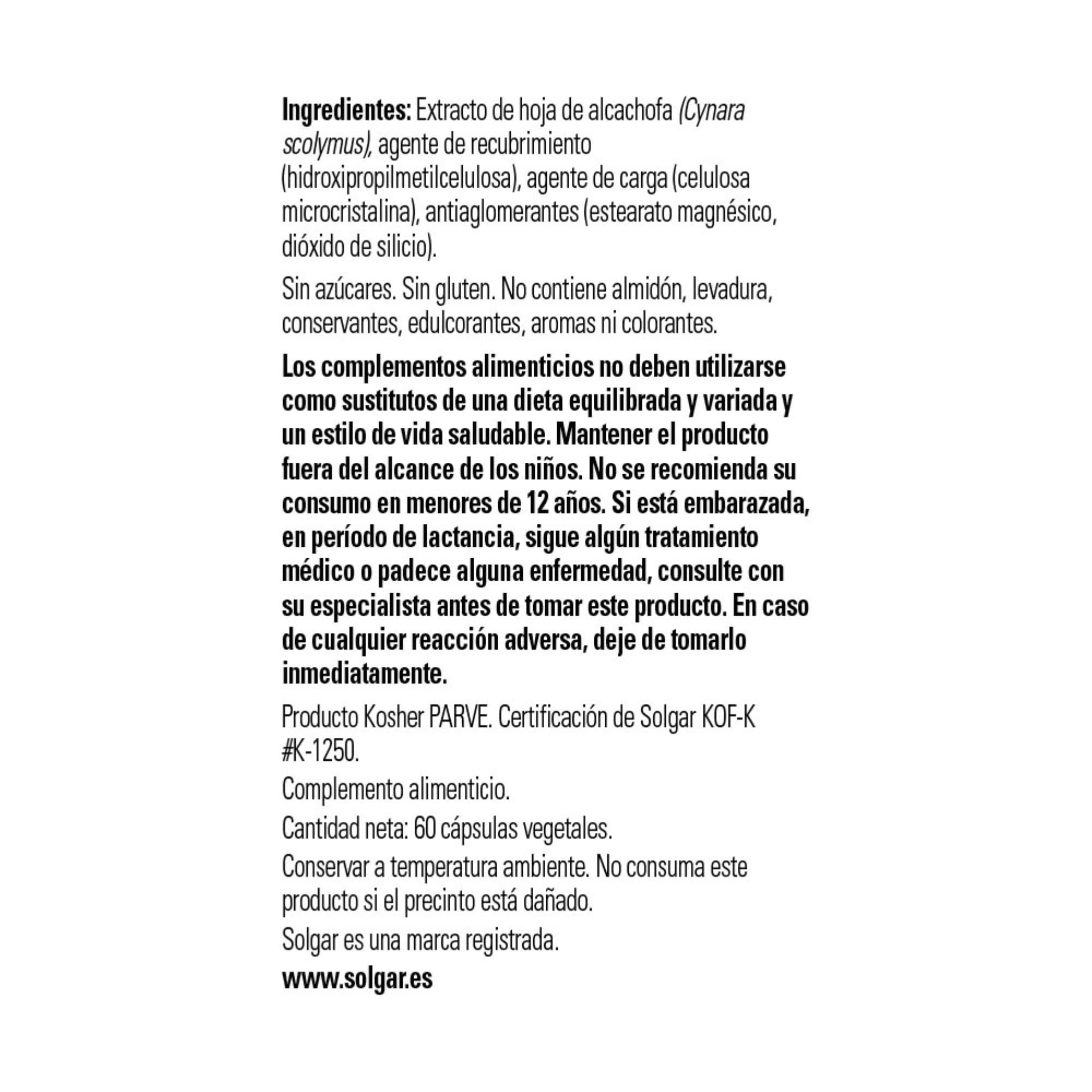 Solgar | Alcachofa extracto de hoja | 60 cápsulas vegetales (Cynara scolymus)