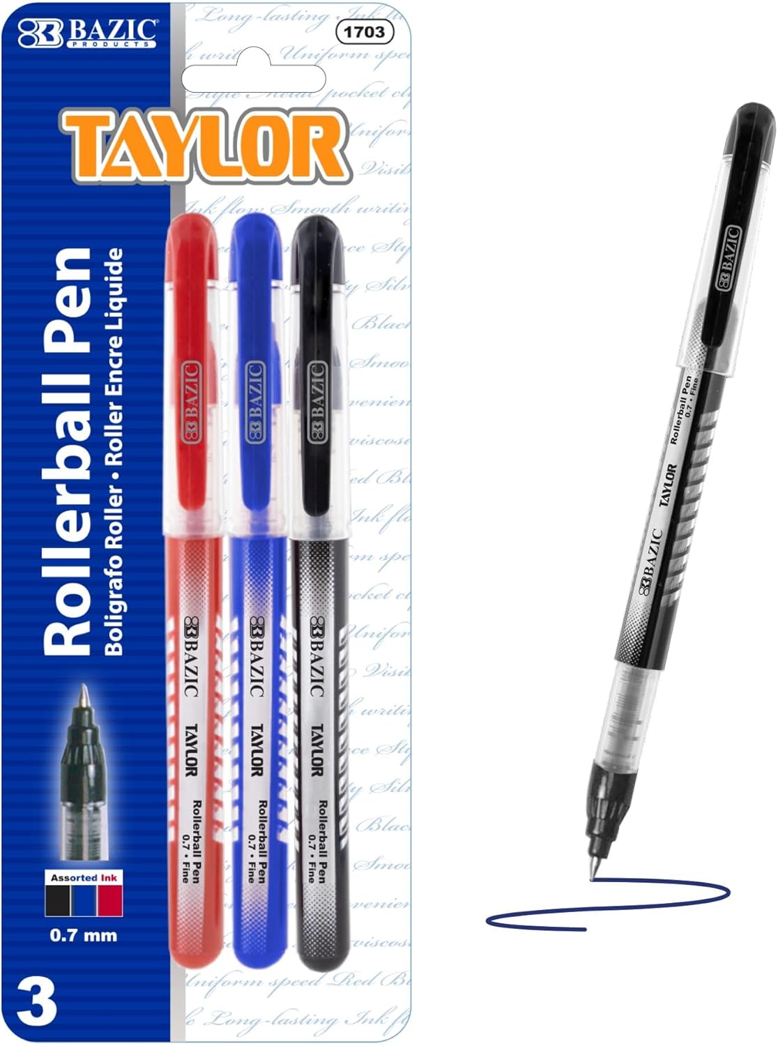BAZIC Products Taylor Rollerball Pen 0.7mm Assorted Color, Regulator Flowing Liquid Ink Pens, Rolling Ball Pens Smooth Writing for Office (3/Pack), 24-Packs