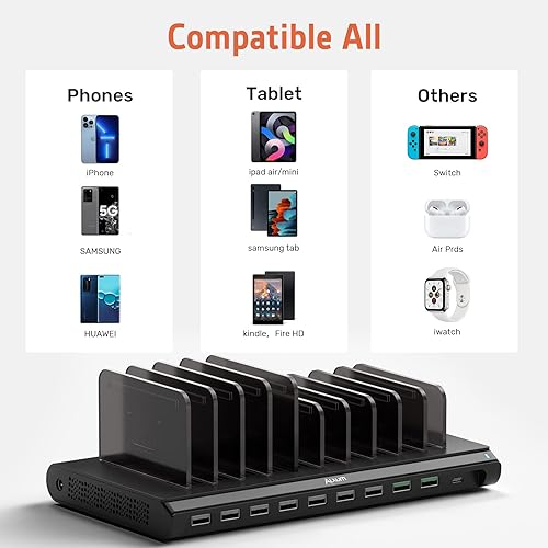 Miniatura 6 de Alxum Estación de carga USB, estación de carga rápida de 120 W y 10 puertos para múltiples dispositivos con puerto tipo C2 QC 3.0 para