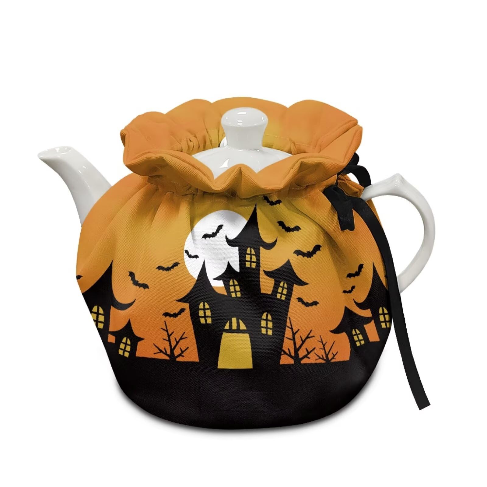 Halloween Bats Moon Dust Cover with Drawstring, Dustproof Teapot Cozy Breakfast Warmer Tea Kettle Quilt for Home Kitchen Table, Red Christmas Decor
