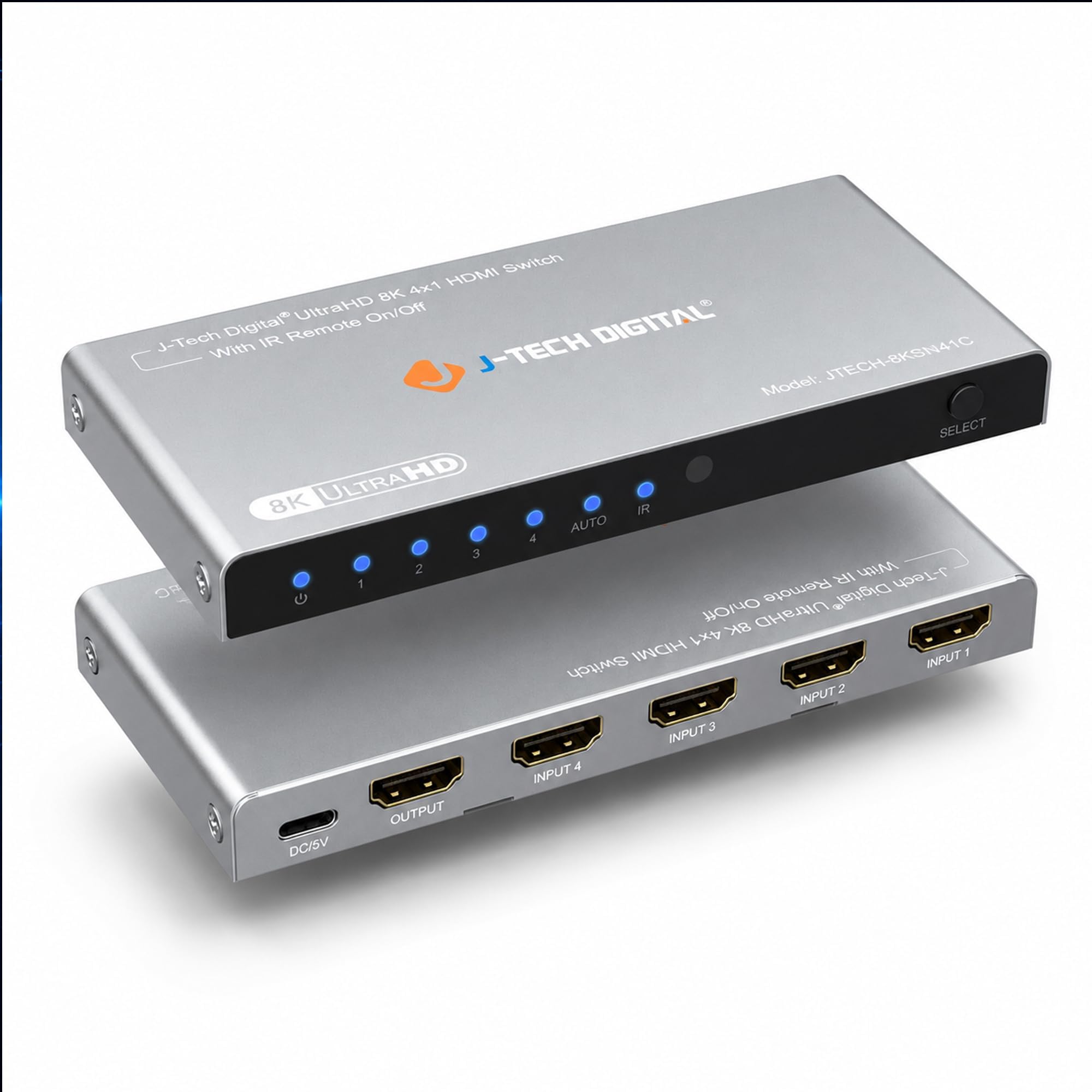 J-Tech Digital HDMI Switch 4K 120hz, 2.1 Switch 4 in 1 Out, 8K 60Hz 1080P 240Hz IR Remote Auto Switch USB C Power Cable, Compatible with HDR & Dolby Vision ALLM VRR QFT [JTECH-8KSW41C]