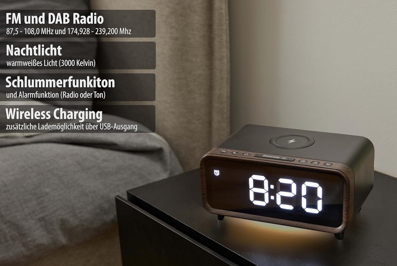 List of features including FM and DAB Radio, Nightlight, Snooze function, Alarm function, and Wireless Charging with additional USB output.