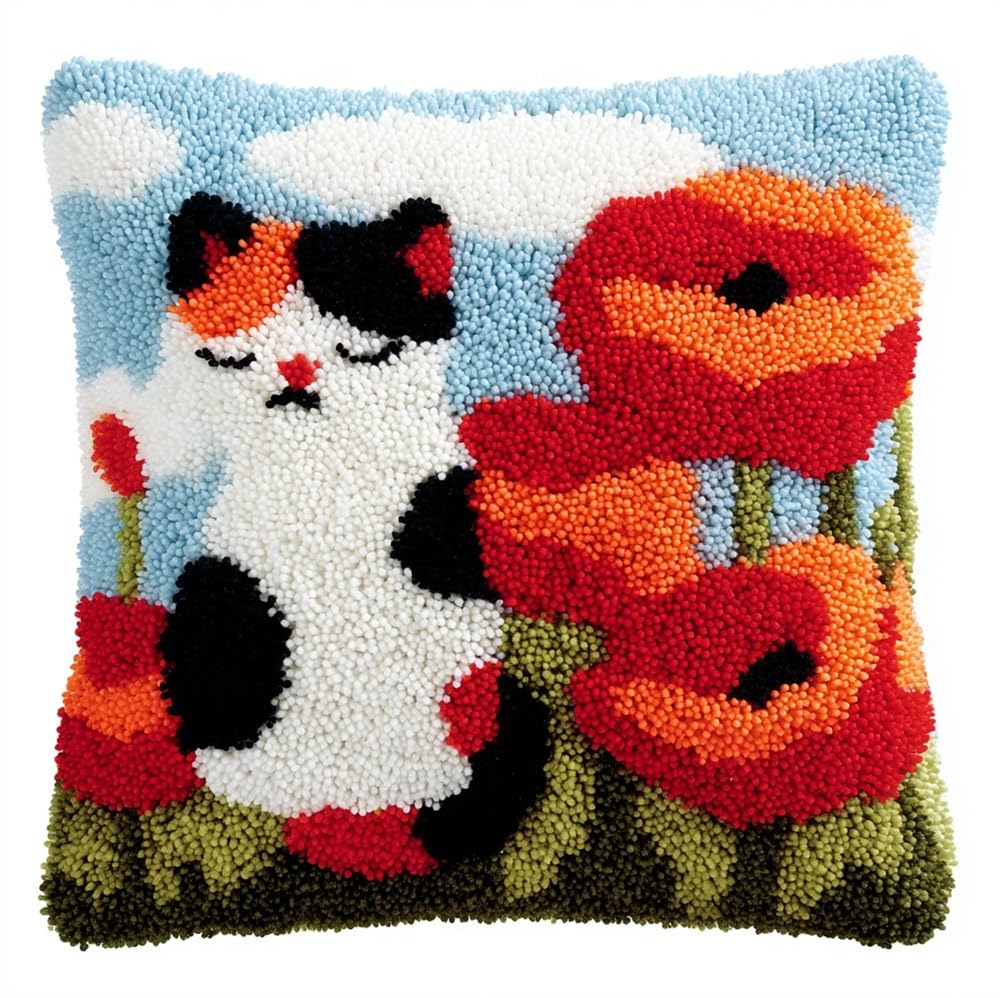 Taxpy Latch Hook Kit, Cat and Poppies 17X17In