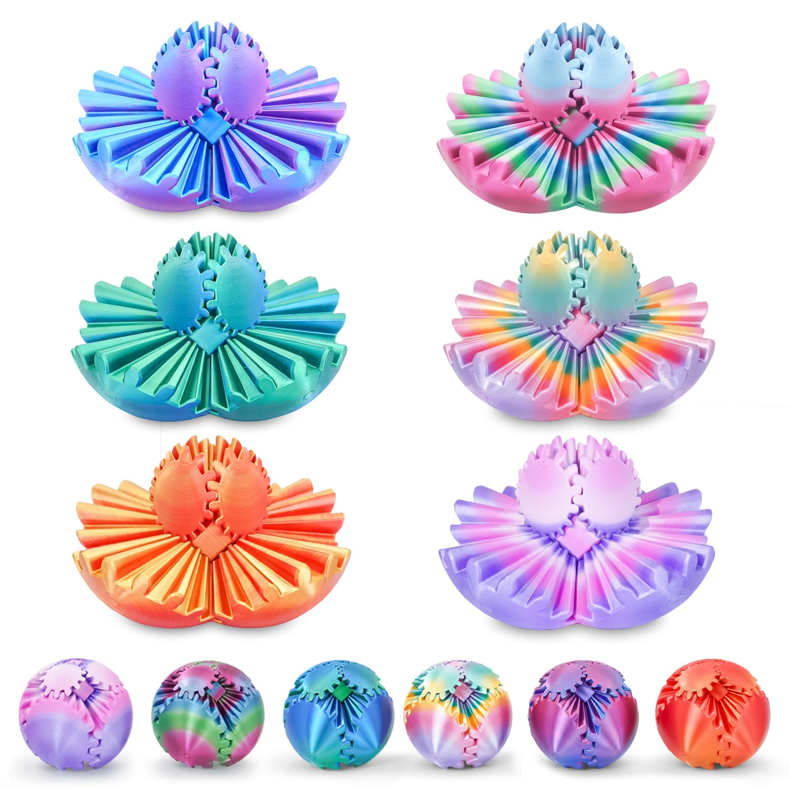 Gear Ball 3D Printed Cube Fidget Toy,Gear Sphere Fidget Toys,Sensory Toys for Stress and Anxiety Relief, Desk Toy Fidget Spinners,Stocking Stuffers for Adults &amp; Kids (Multicolor Set-6pcs, 2.3 Inch)