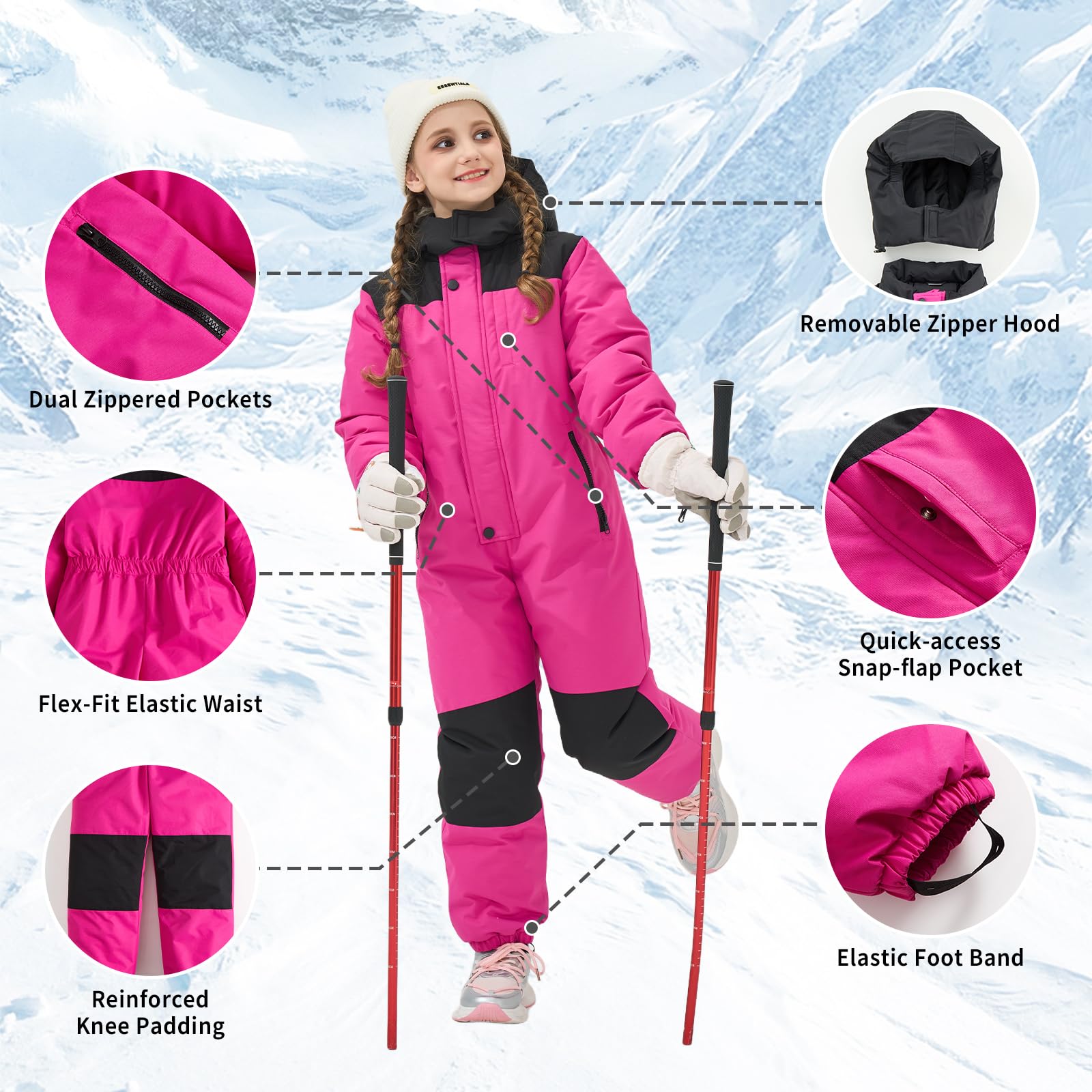 Owntop Mono de Nieve para Niños - Traje de Esquí Cálido de Una Pieza para Niños y Niñas, Traje de Nieve Ligero e Impermeable para Invierno, Traje para Snowboard para Bebés, 98-128 cm