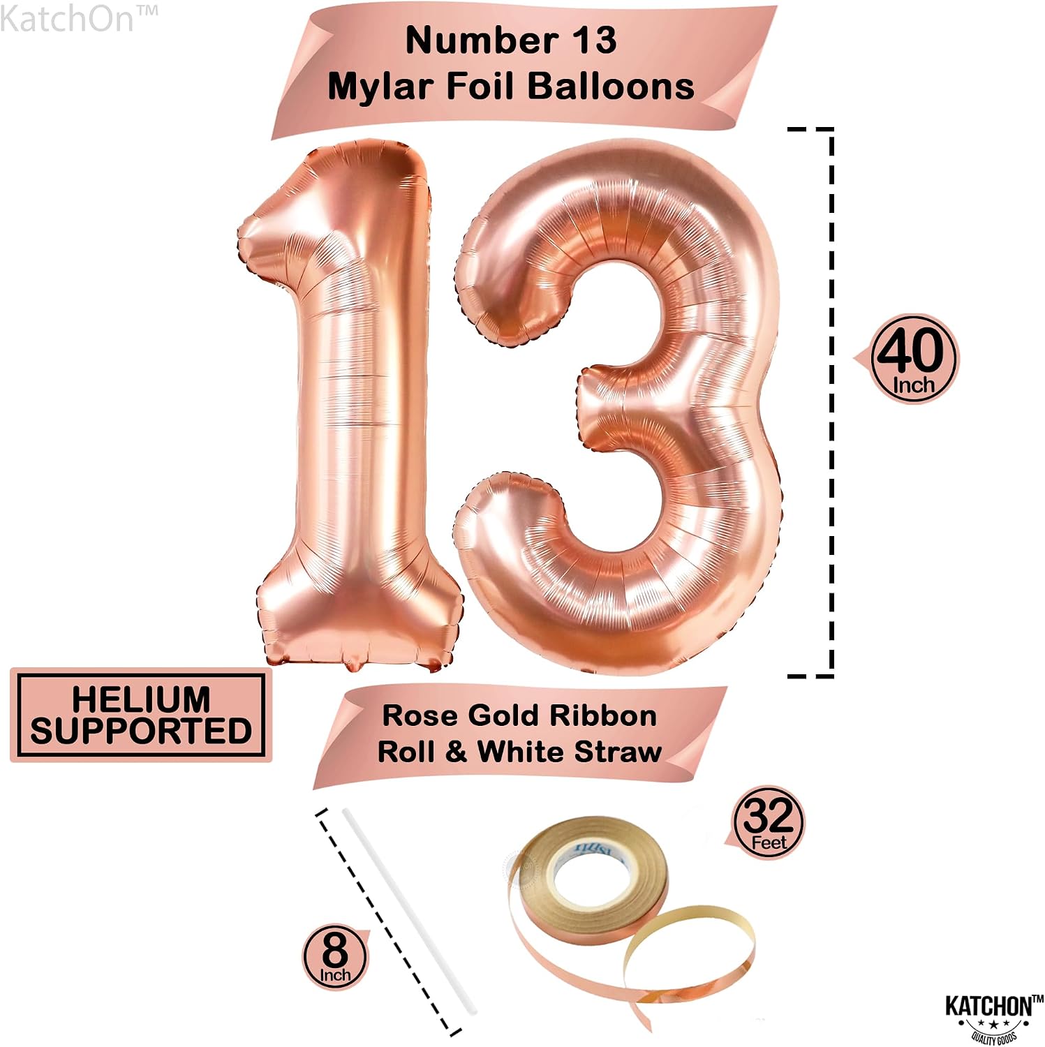 KatchOn, Rose Gold 13 Balloon Numbers - Giant, 40 Inch | 13th Birthday Decorations for Girls | 13 Rose Gold Balloons for 13 Rose Gold Birthday Decorations | Number 13 Balloons for Birthdays