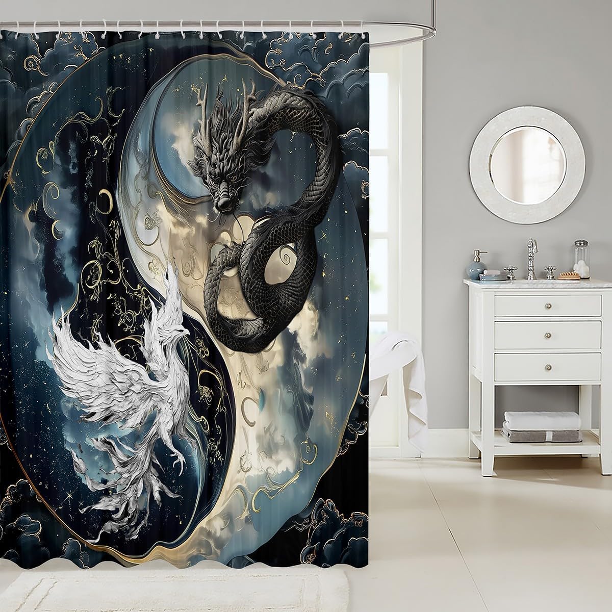 Erosebridal Dragon Bathroom Shower Curtain Sets Japanese Ukiyoe Shower Curtain Exotic Animal 72" W X 78" L Ancient Loong Phoenix Fabric Shower Curtain for Boys Bathroom, Yin Yang Bath Curtaine